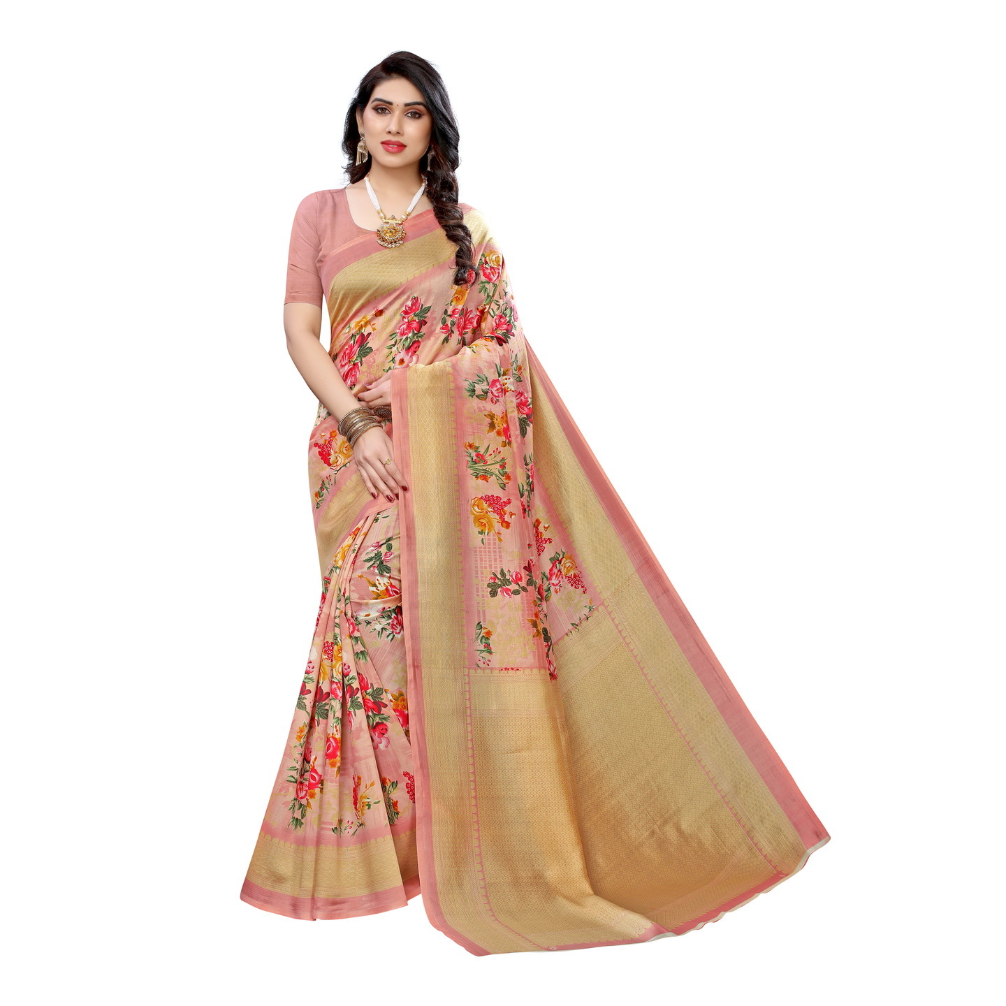 PEACH ART SILK SAREE WITH SUPERB FLORAL PRINT