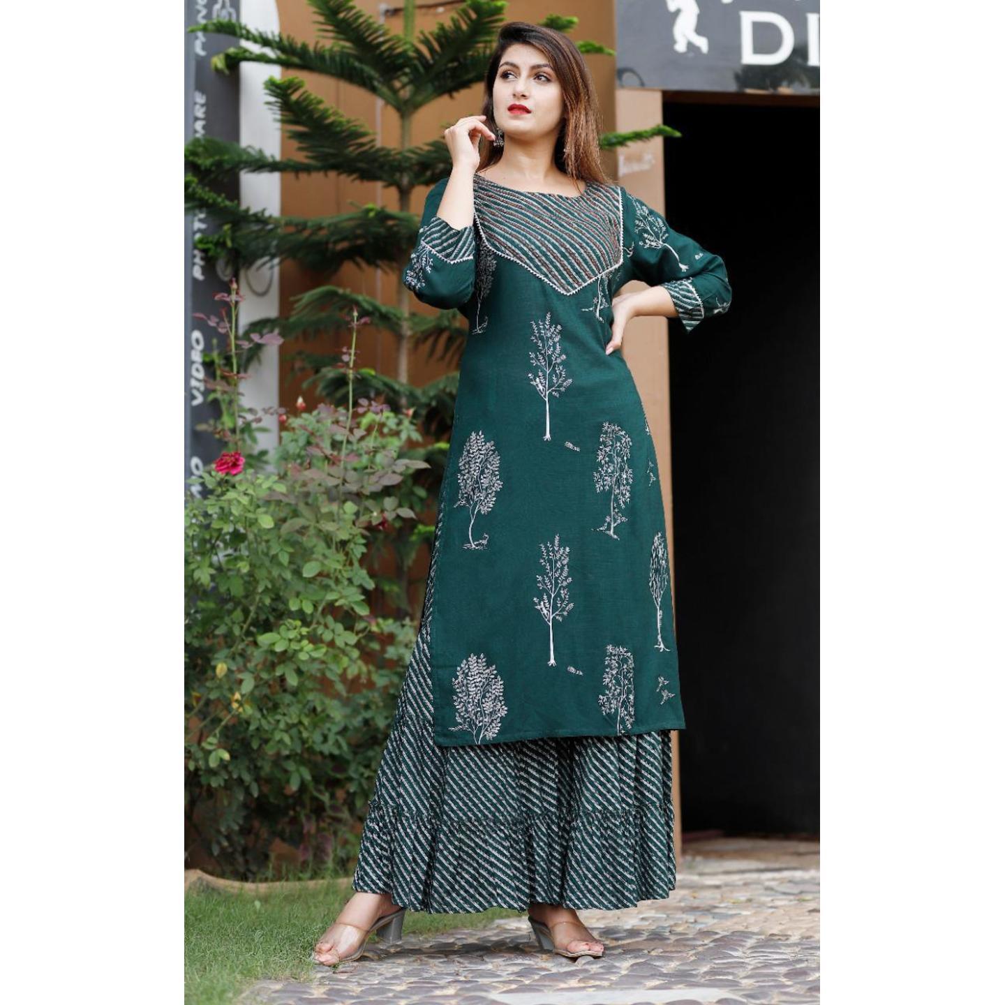Jaipuri Bottle Green printed Kurta with Sharara
