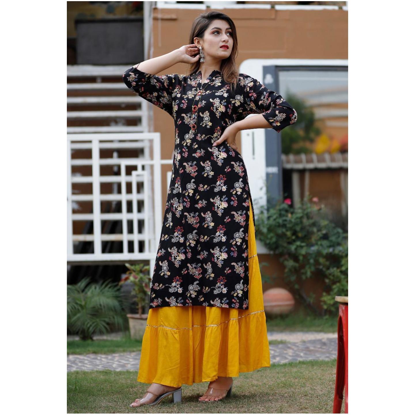 Jaipuri Black printed Kurta with Skirt