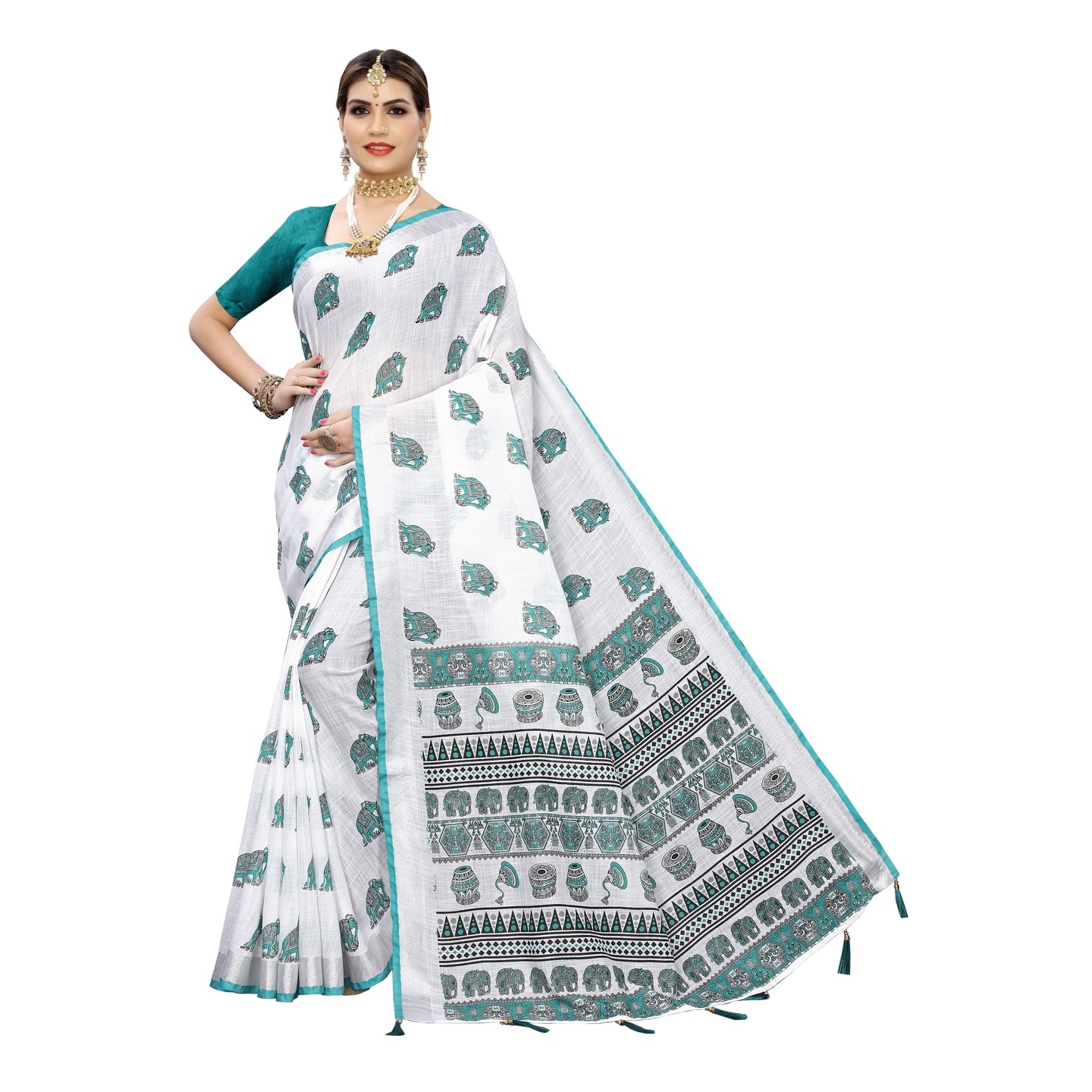 ANGRY ANIMAL RAMA PRINTED LINEN SAREE