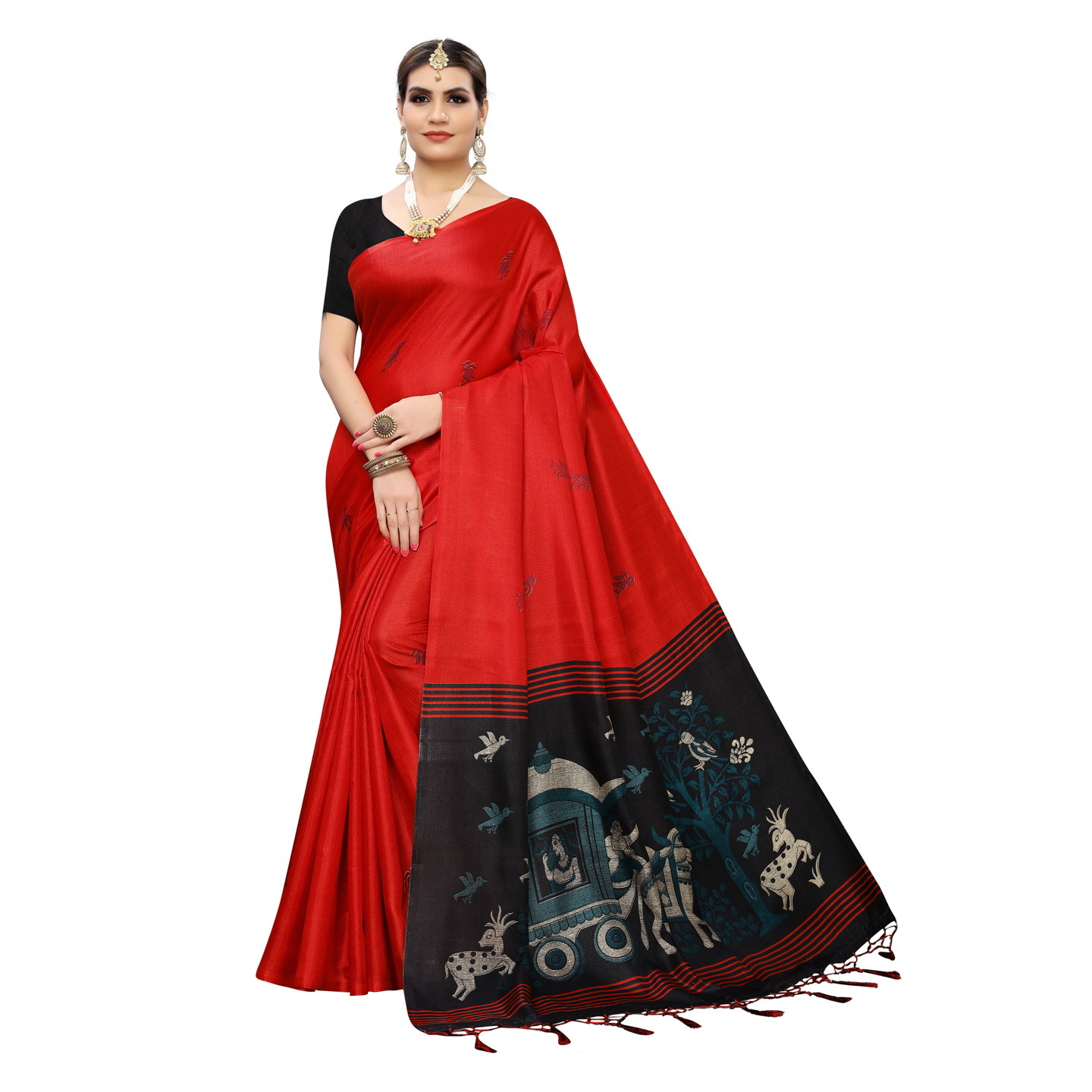 KALAMKARI RED KHADI SILK SAREE WITH FIGURE PRINT CONCEPT