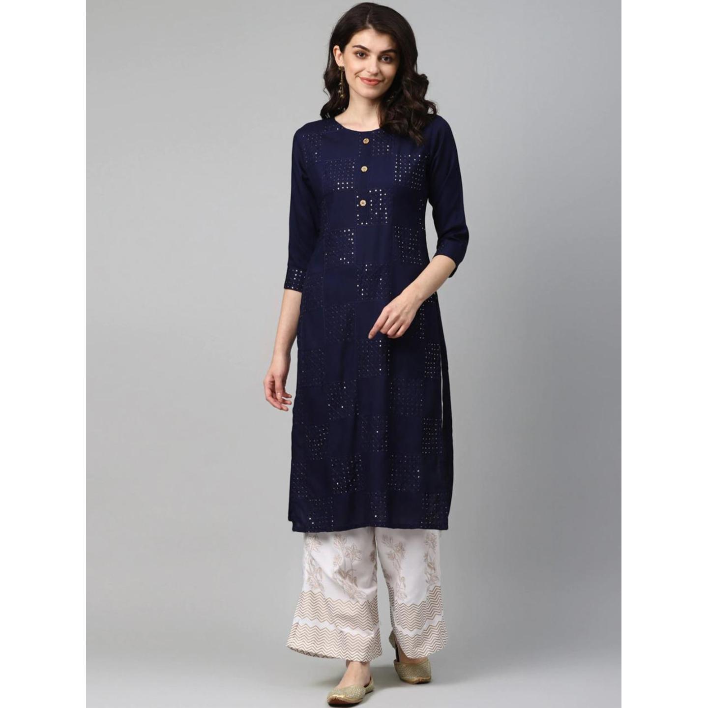 Jaipuri Navy Blue and White self design Kurta with Palazzos