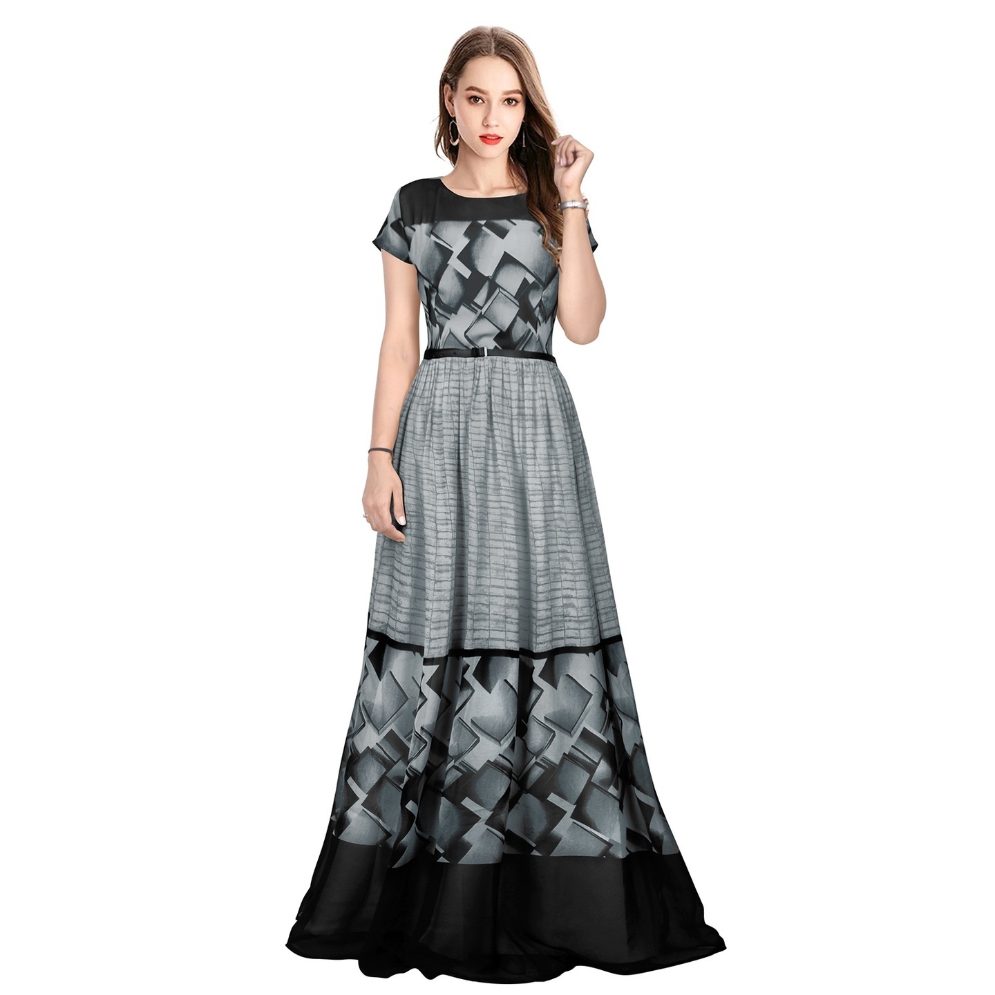 DELTIN STYLISH GREY GOWN WITH BELT