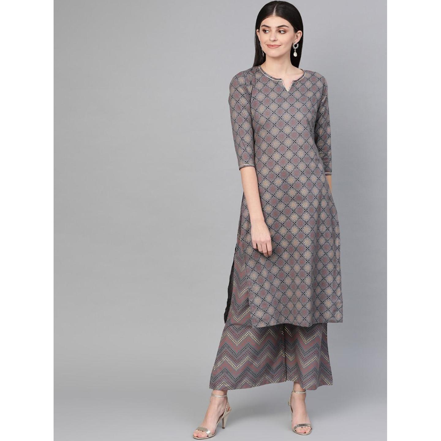 Jaipuri Charcoal Grey and Golden printed Kurta with Palazzos