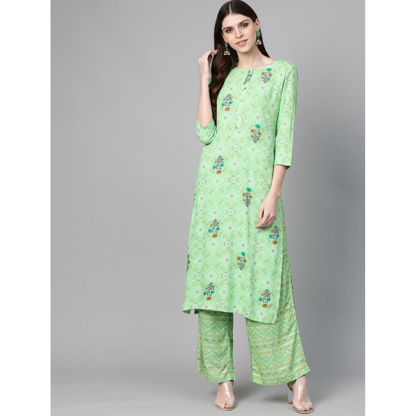 Jaipuri Green, Beige and White printed Kurta with Palazzos