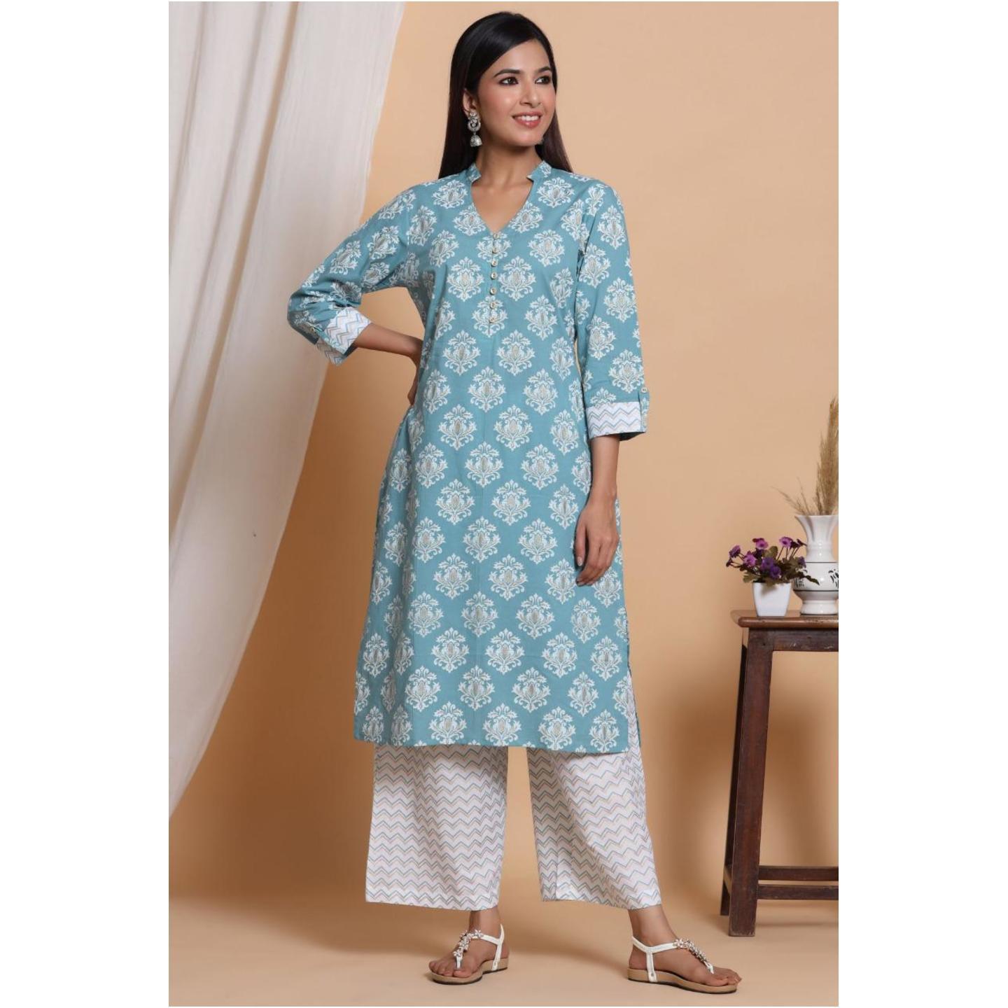 Jaipuri Blue and Off-White printed Kurta with Palazzo