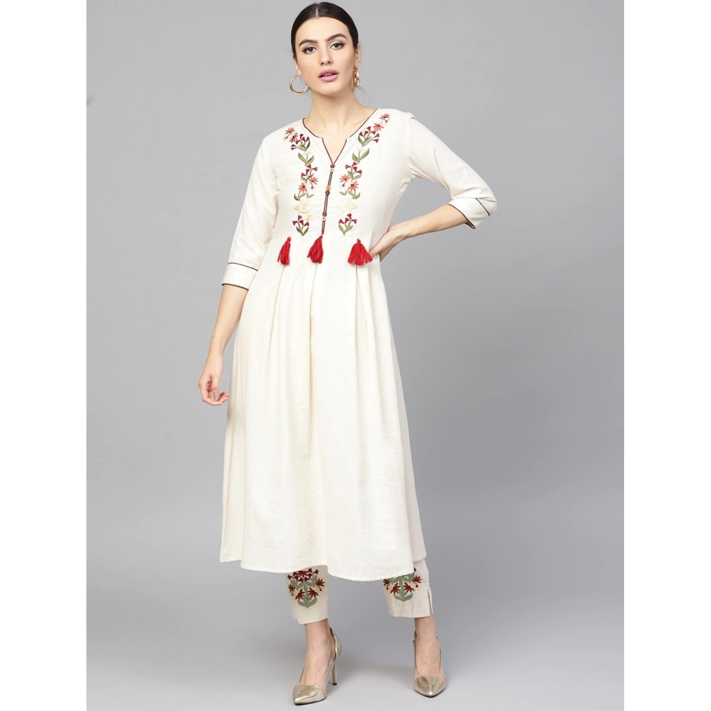 Jaipuri Off-White and Maroon Embroidered Kurta with Trousers