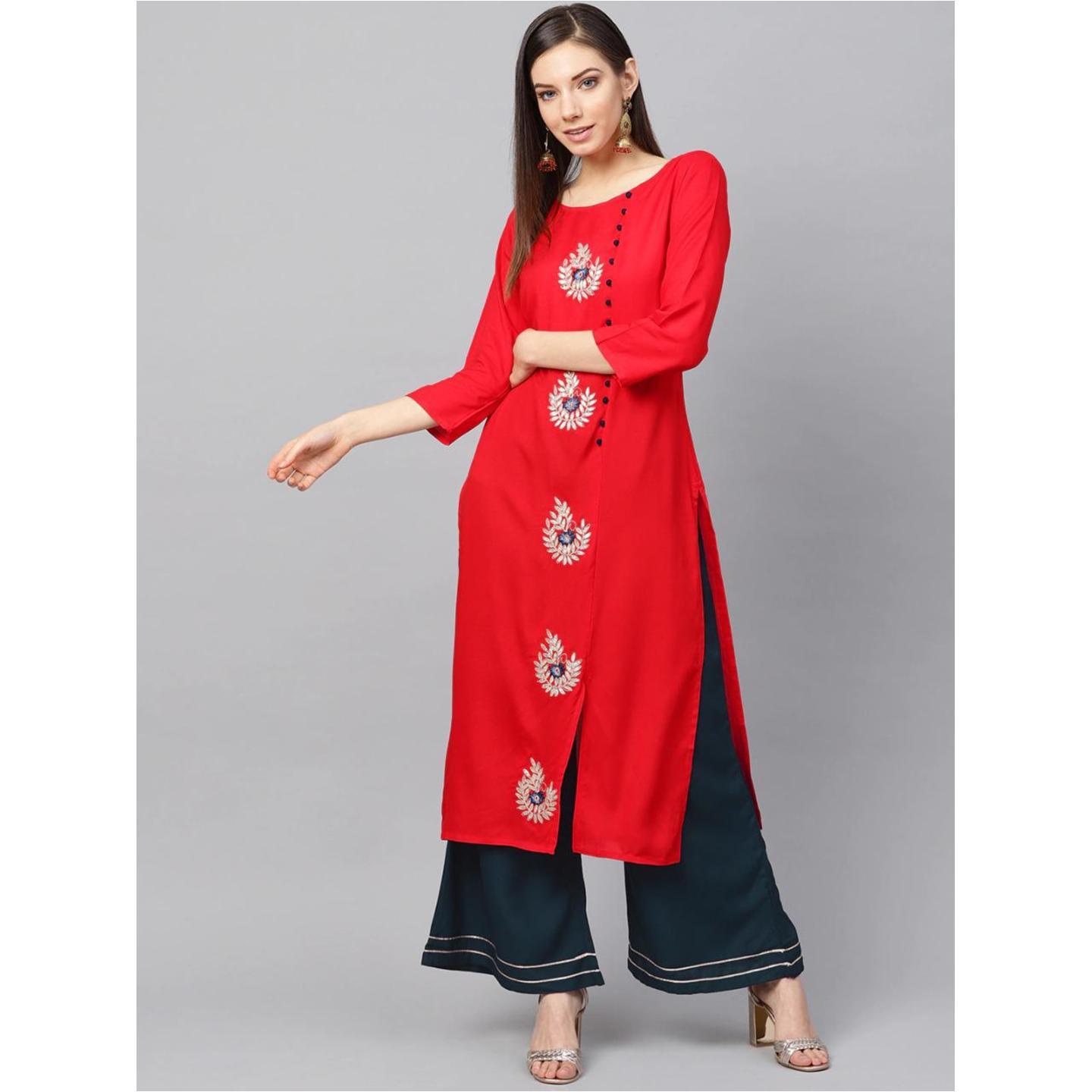 Jaipuri Red Embroidered detail Kurta with Palazzos