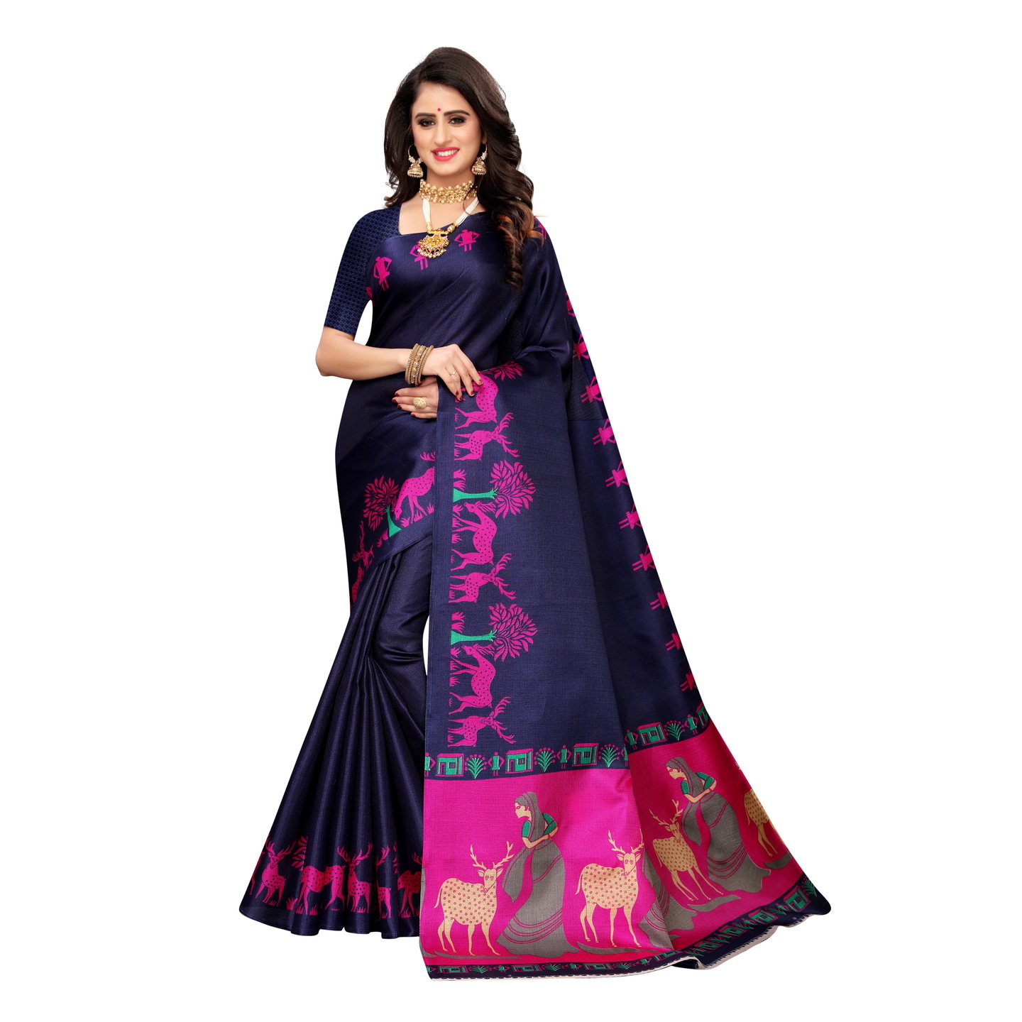 KALAMKARI NAVY BLUE KHADI SILK SAREE WITH FIGURE PRINT CONCEPT