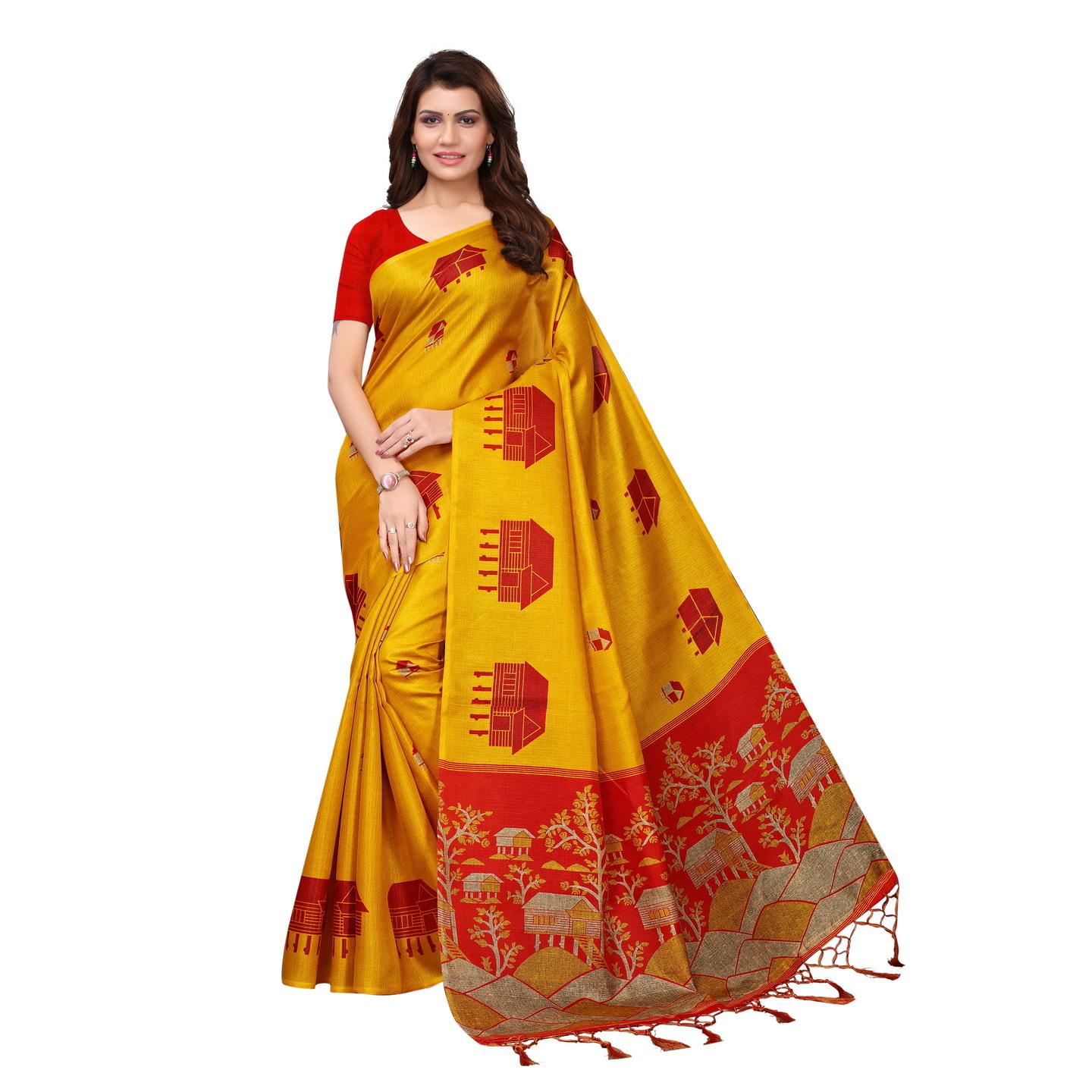 KALAMKARI YELLOW KHADI SILK SAREE WITH FIGURE PRINT CONCEPT