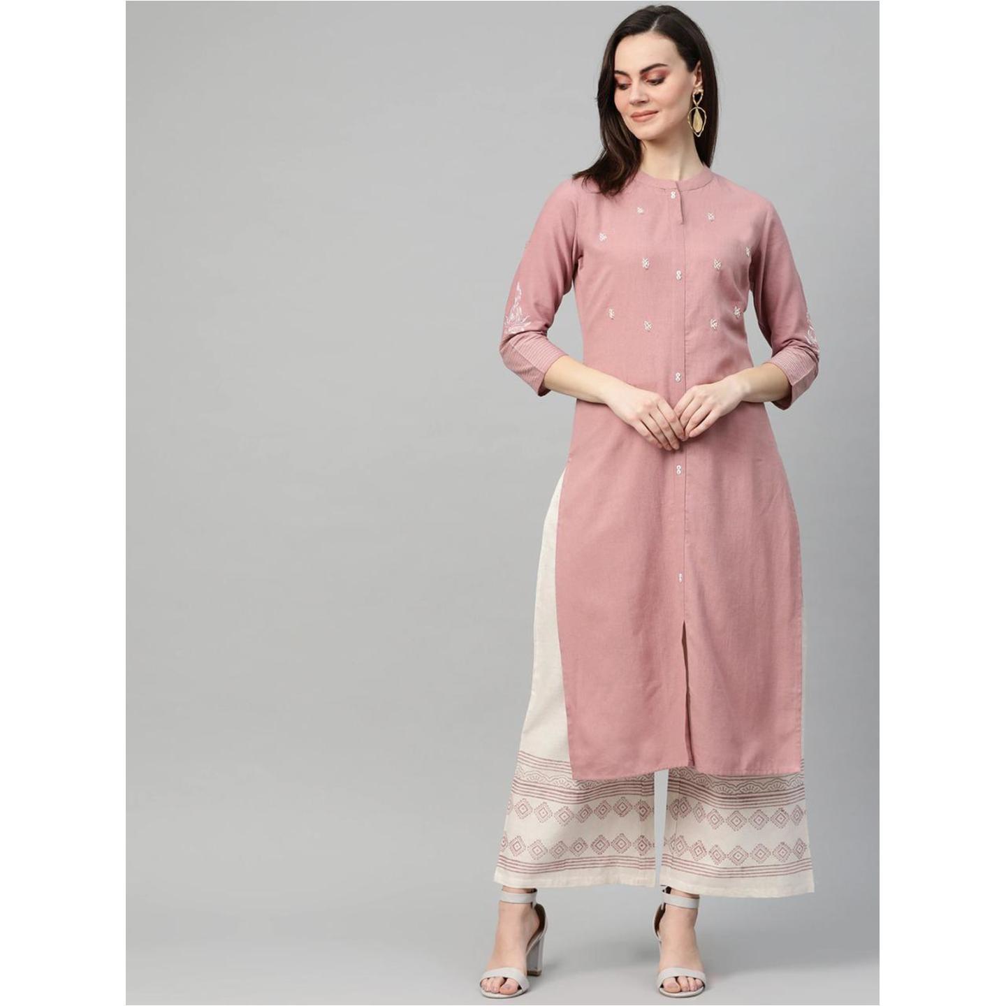 Jaipuri Dusty Pink and Off-White embroidered Kurta with Palazzos