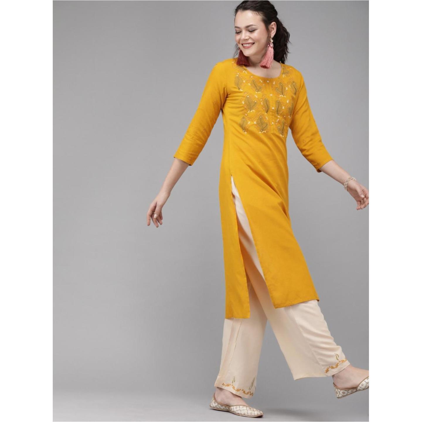 Jaipuri Mustard yellow and cream-coloured embroidered kurta with palazzos and with sequinned detailing