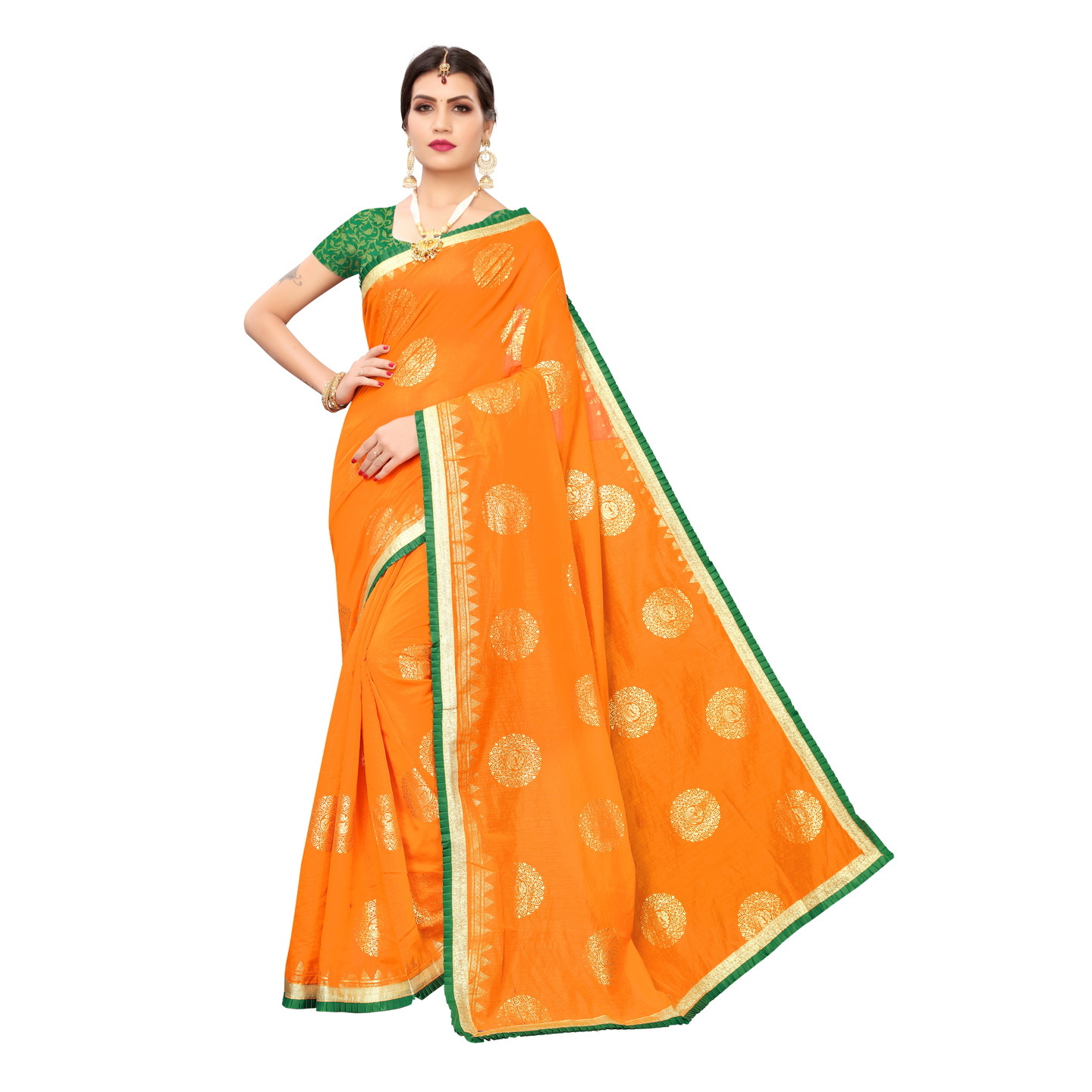 GOLDEN BIRD DESIGNER ORANGE SAREE