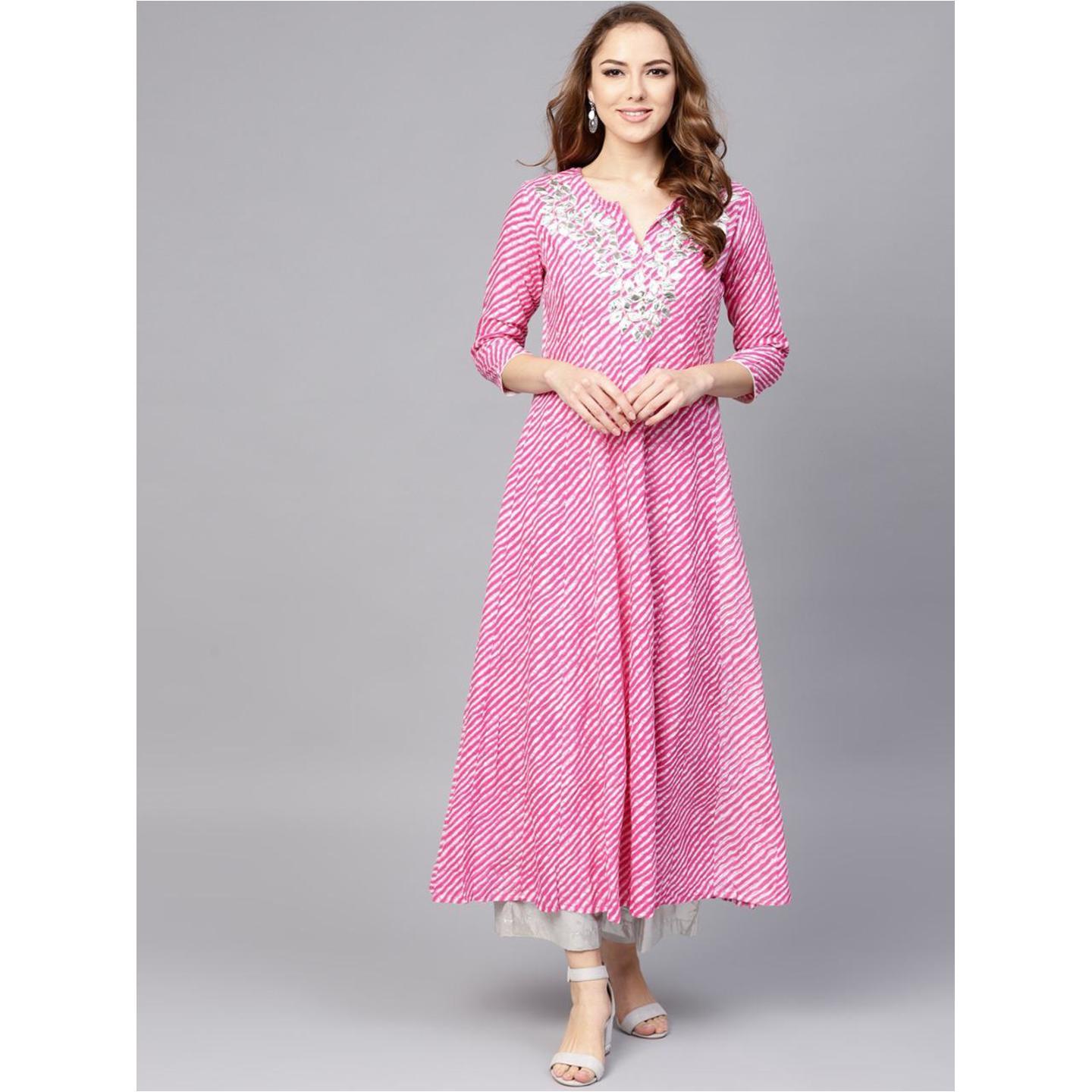 Jaipuri Pink & White Leheriya Anarkali