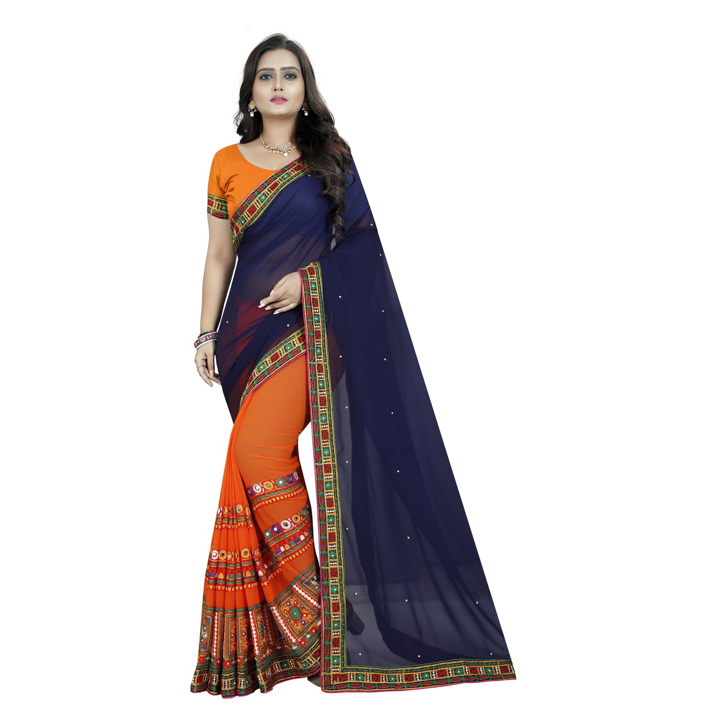 KUTCHI ORANGE NAVY DESIGNER SAREE