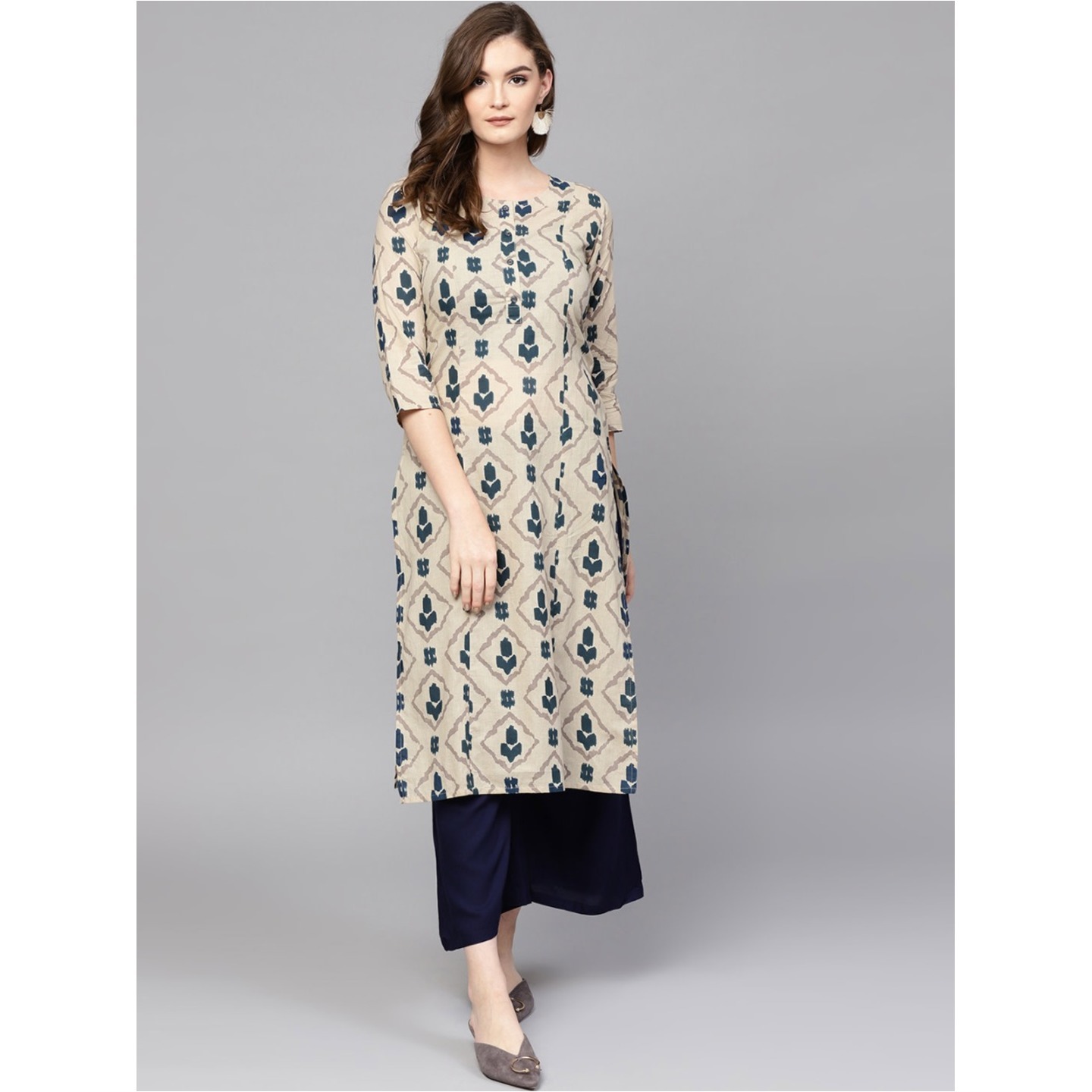 Jaipuri Beige and Blue printed Kurta with Palazzos