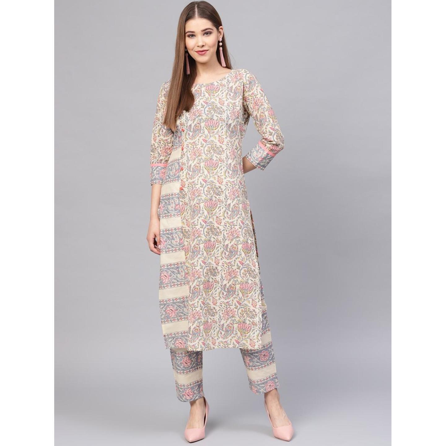 Women Beige and grey printed kurta with Trousers
