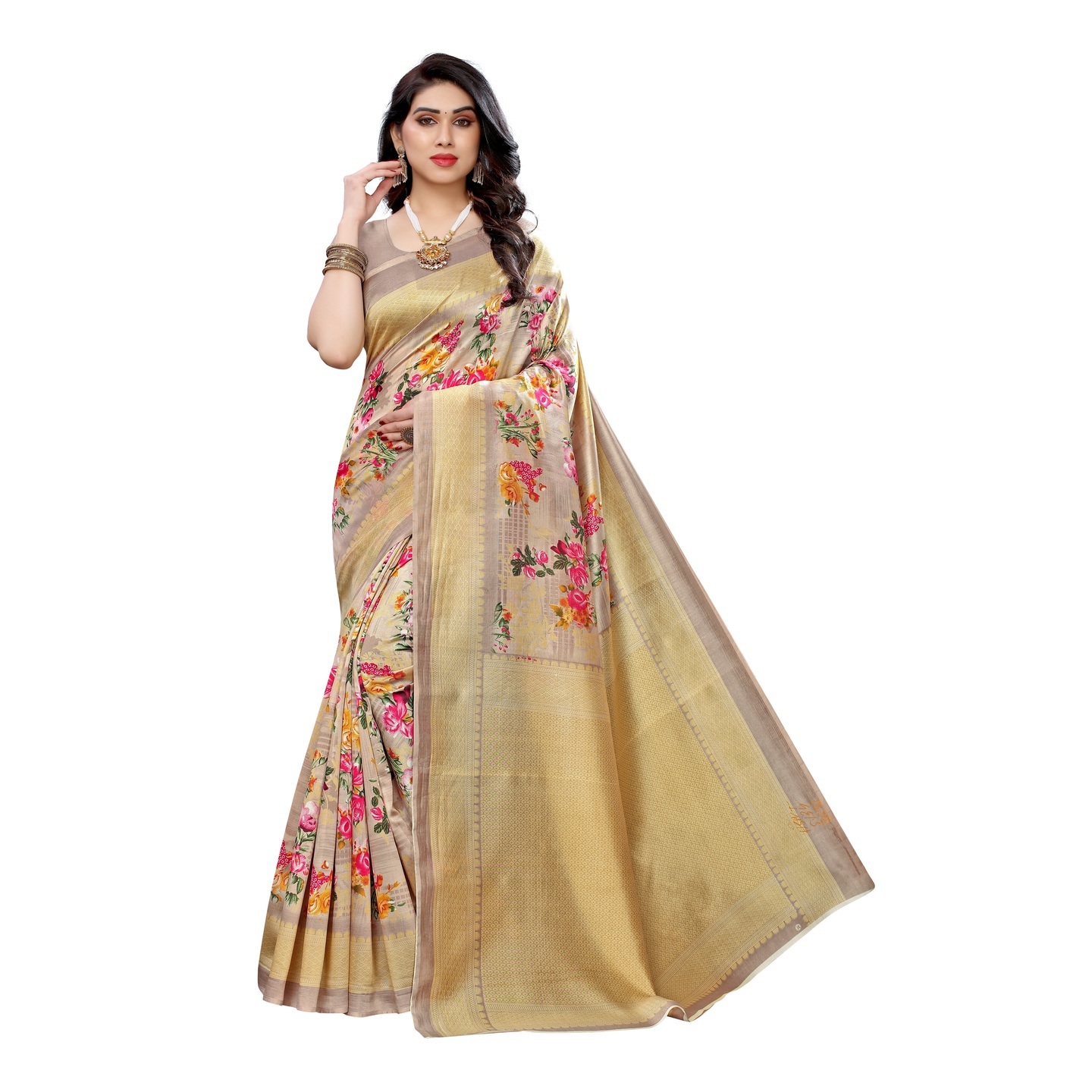 MUSTARD ART SILK SAREE WITH SUPERB FLORAL PRINT