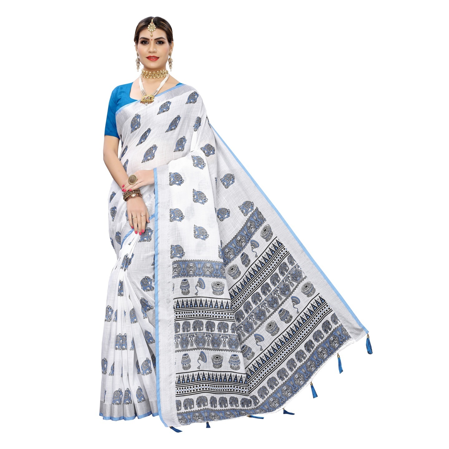 ANGRY ANIMAL BLUE PRINTED LINEN SAREE