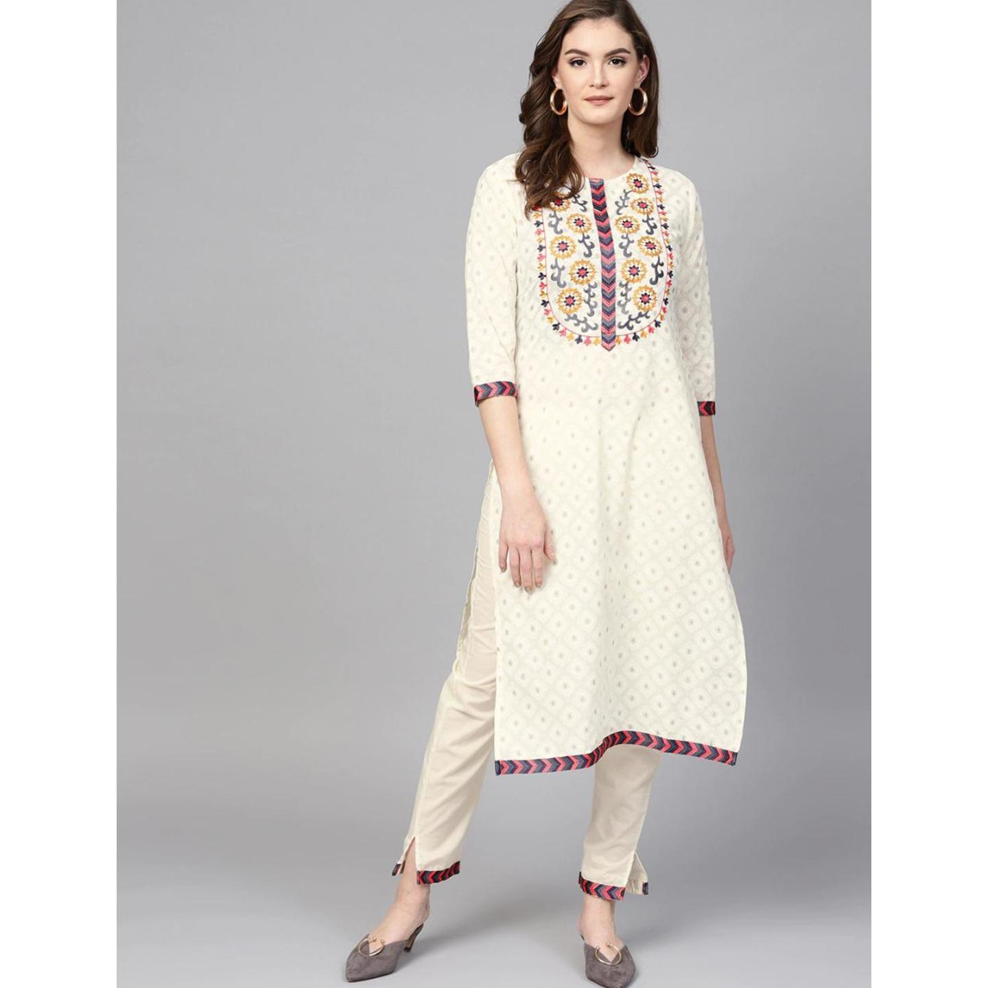 Jaipuri Off-White Full Neck Embroidered Kurta with Trousers