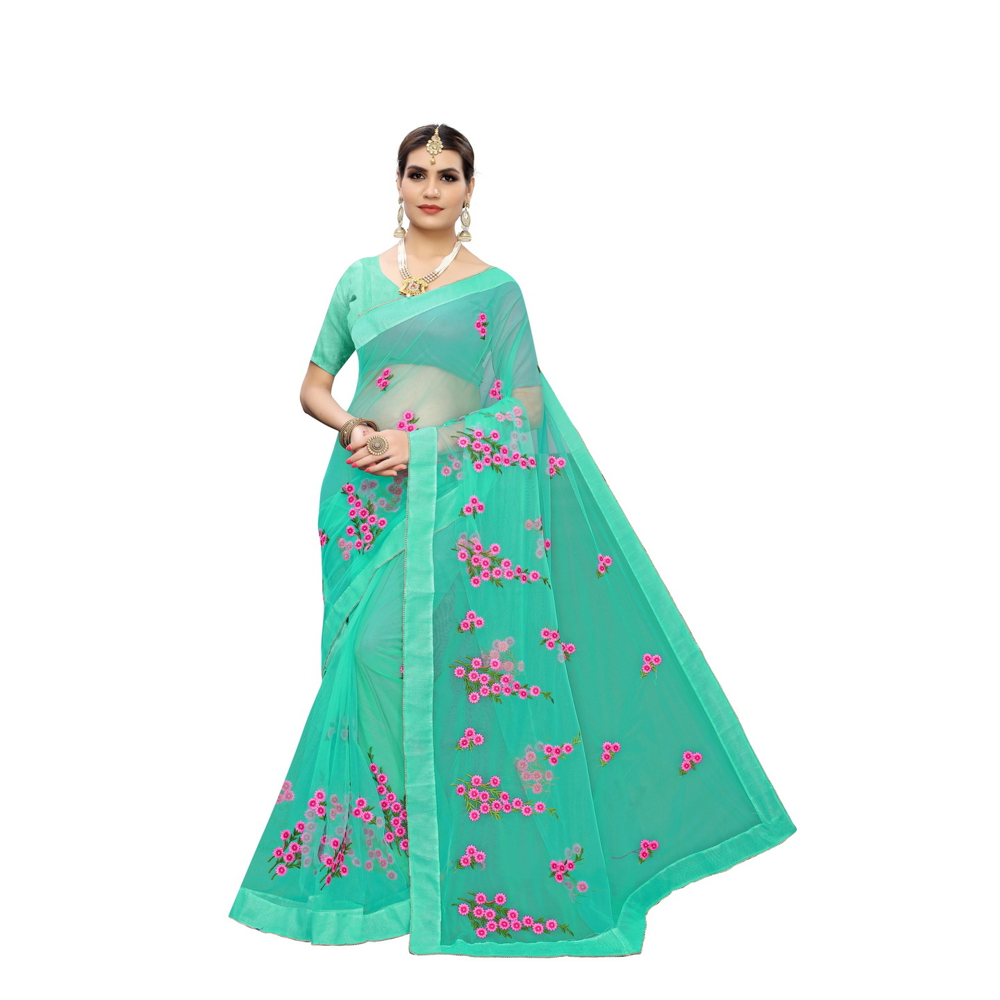 DESIGNER GREEN EMBRIOIDERED FLORAL CONCEPT NET SAREE
