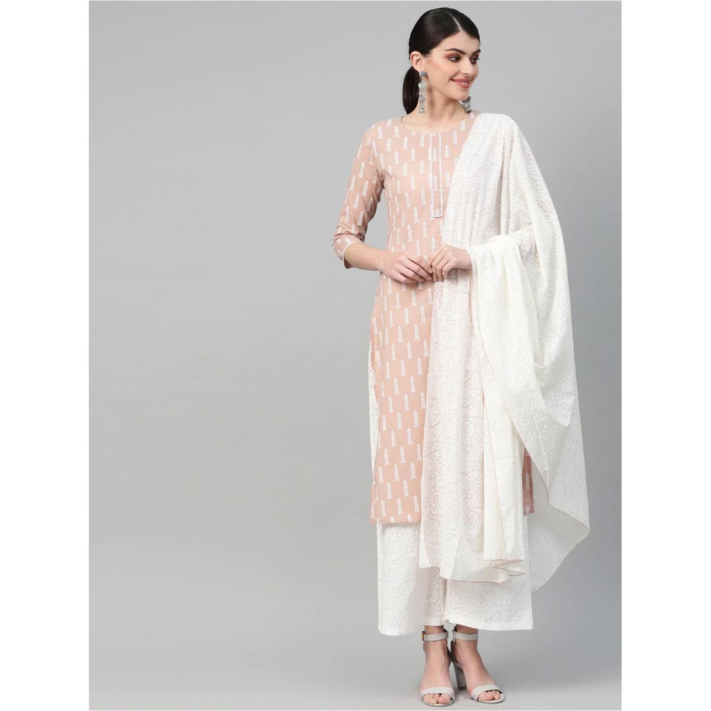 Women Mauve and white printed kurta with palazzos and dupatta