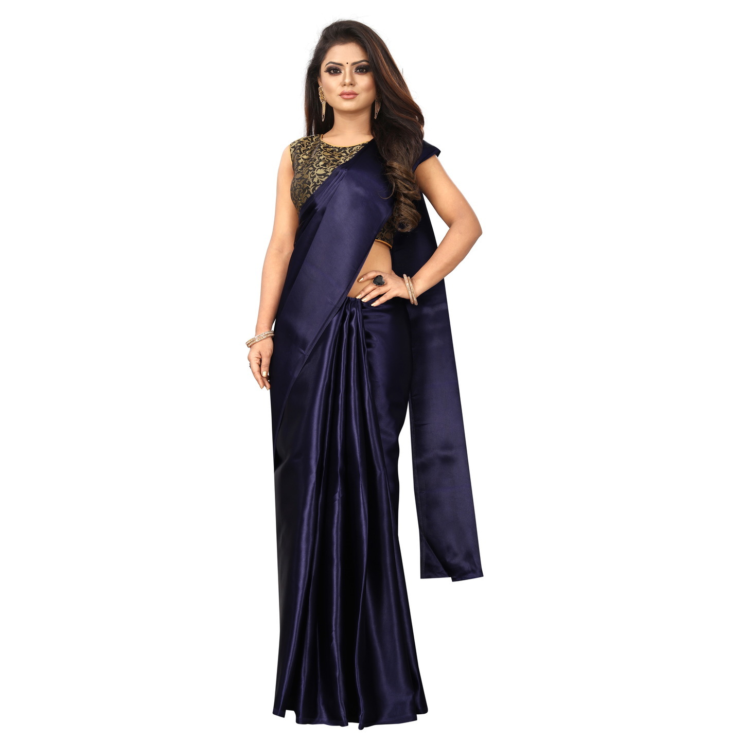 PAVITRA SOLID NAVY-BLUE SATIN SAREE