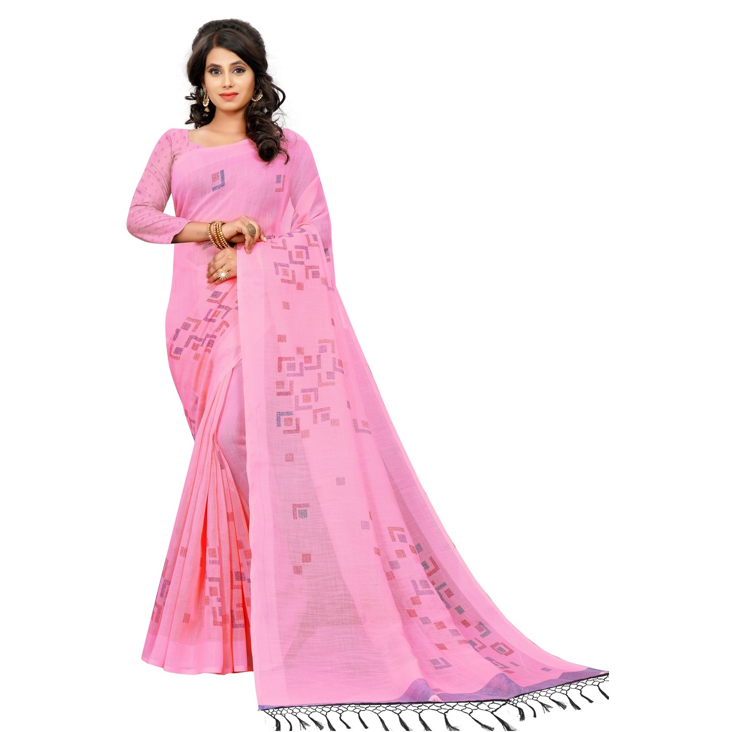 Pink Digital Printed Linen Saree with Running Blouse Piece