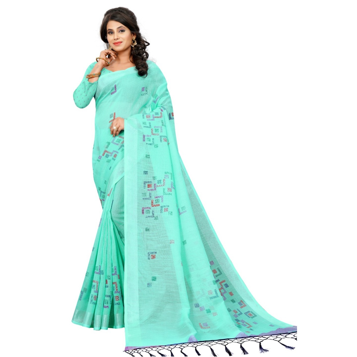 Rama Digital Printed Linen Saree with Running Blouse Piece