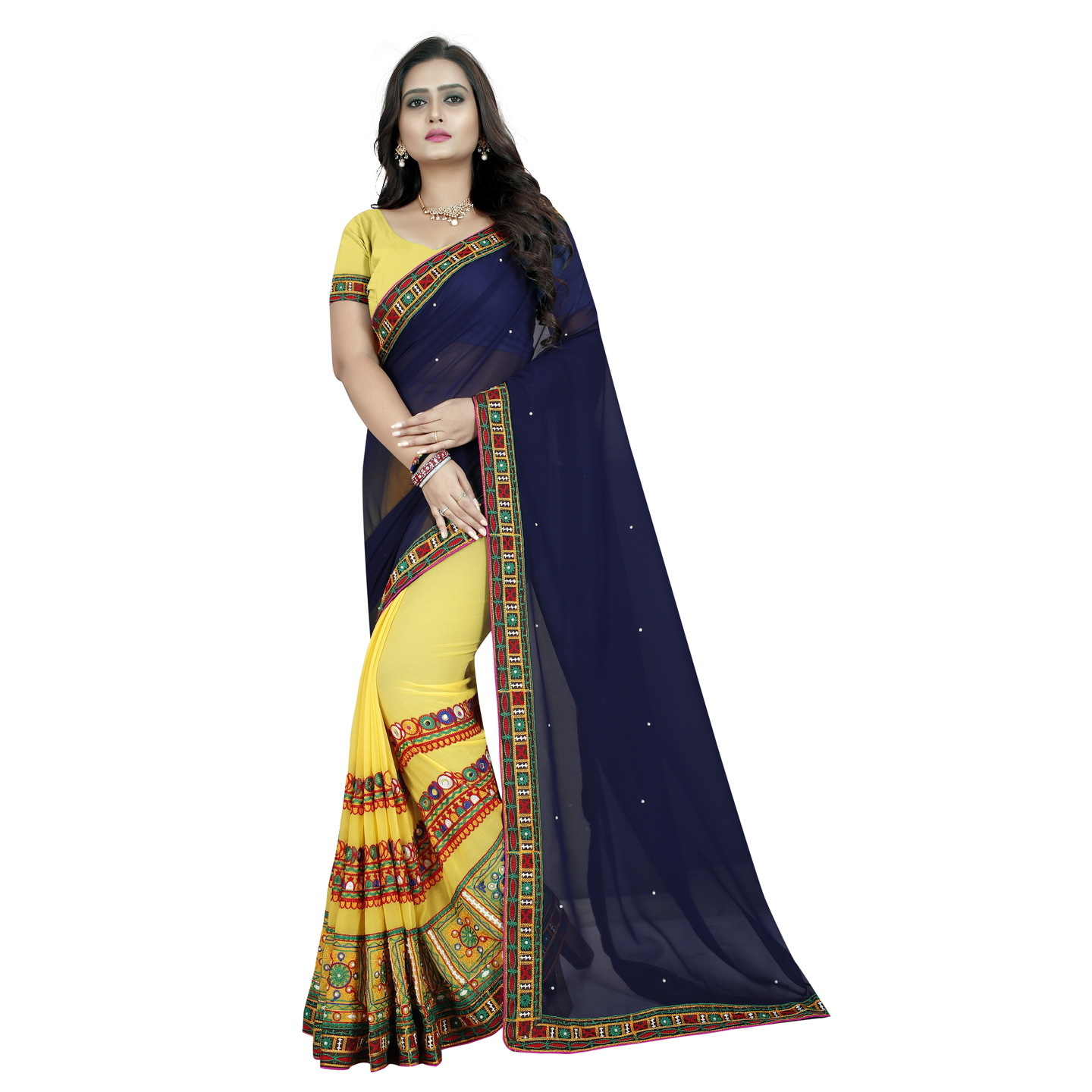 KUTCHI YELLOW NAVY DESIGNER SAREE