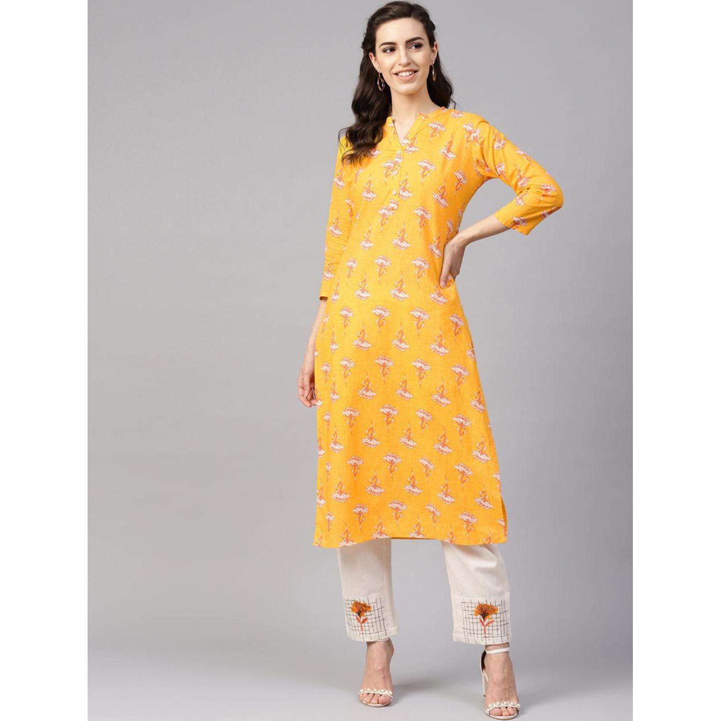 Jaipuri Yellow, Beige and Orange printed Kurta with Trousers