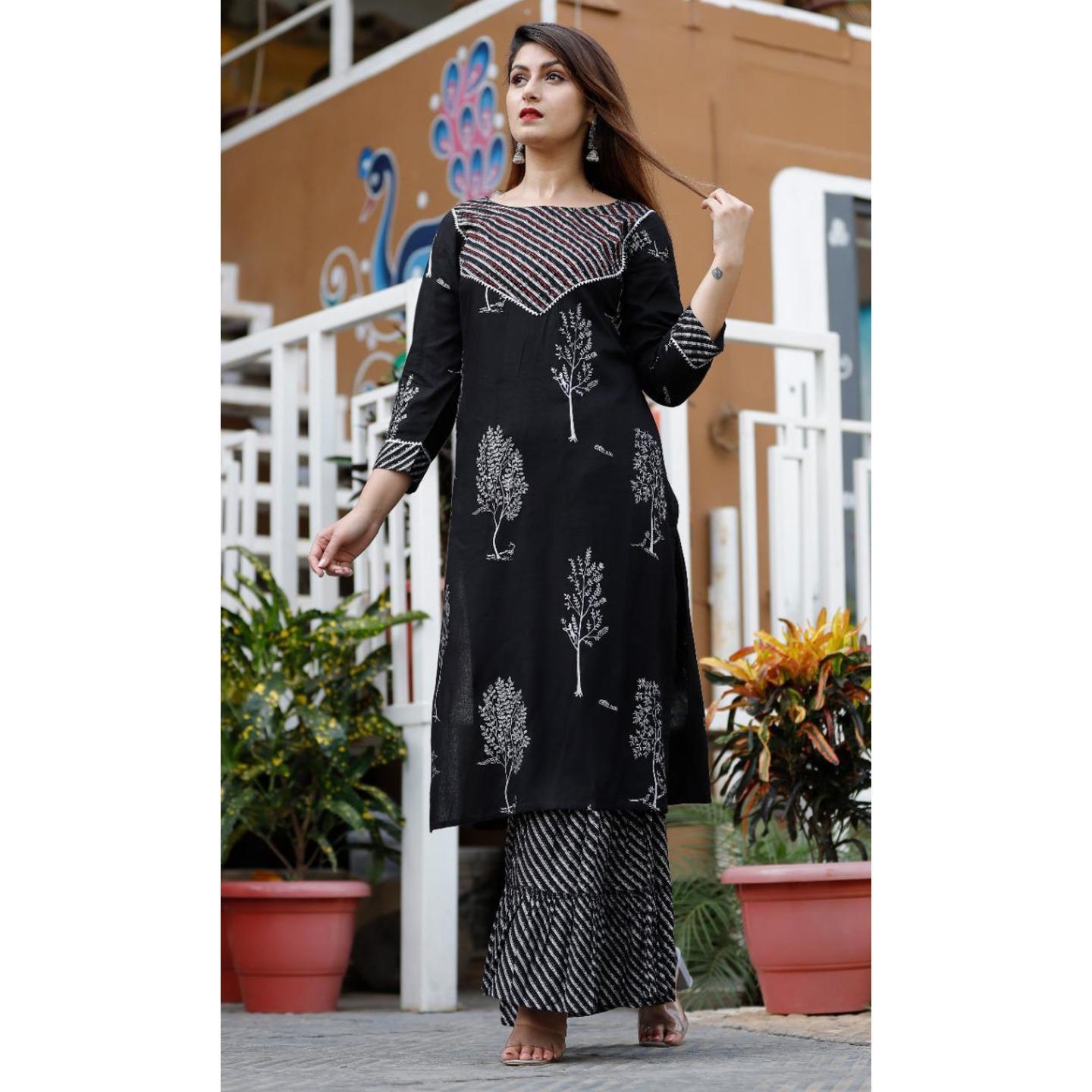 Jaipuri Black printed Kurta with Sharara
