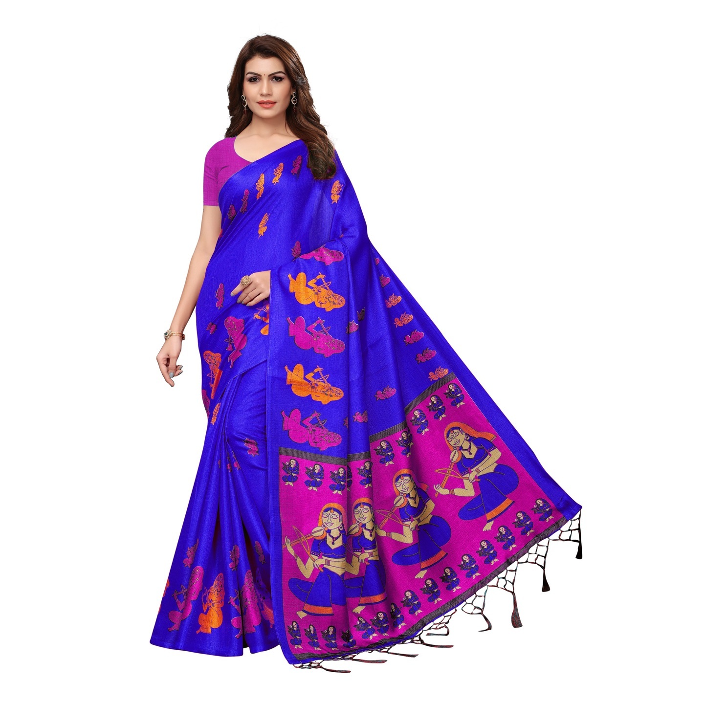 KALAMKARI BLUE KHADI SILK SAREE WITH FIGURE PRINT CONCEPT