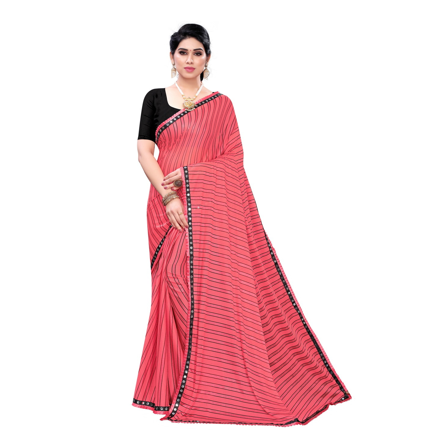 DESIGNER PEACH PRINTED LYCRA SAREE