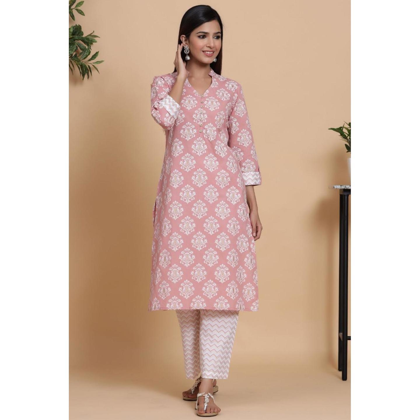 Jaipuri Baby Pink and Off-White printed Kurta with Palazzo