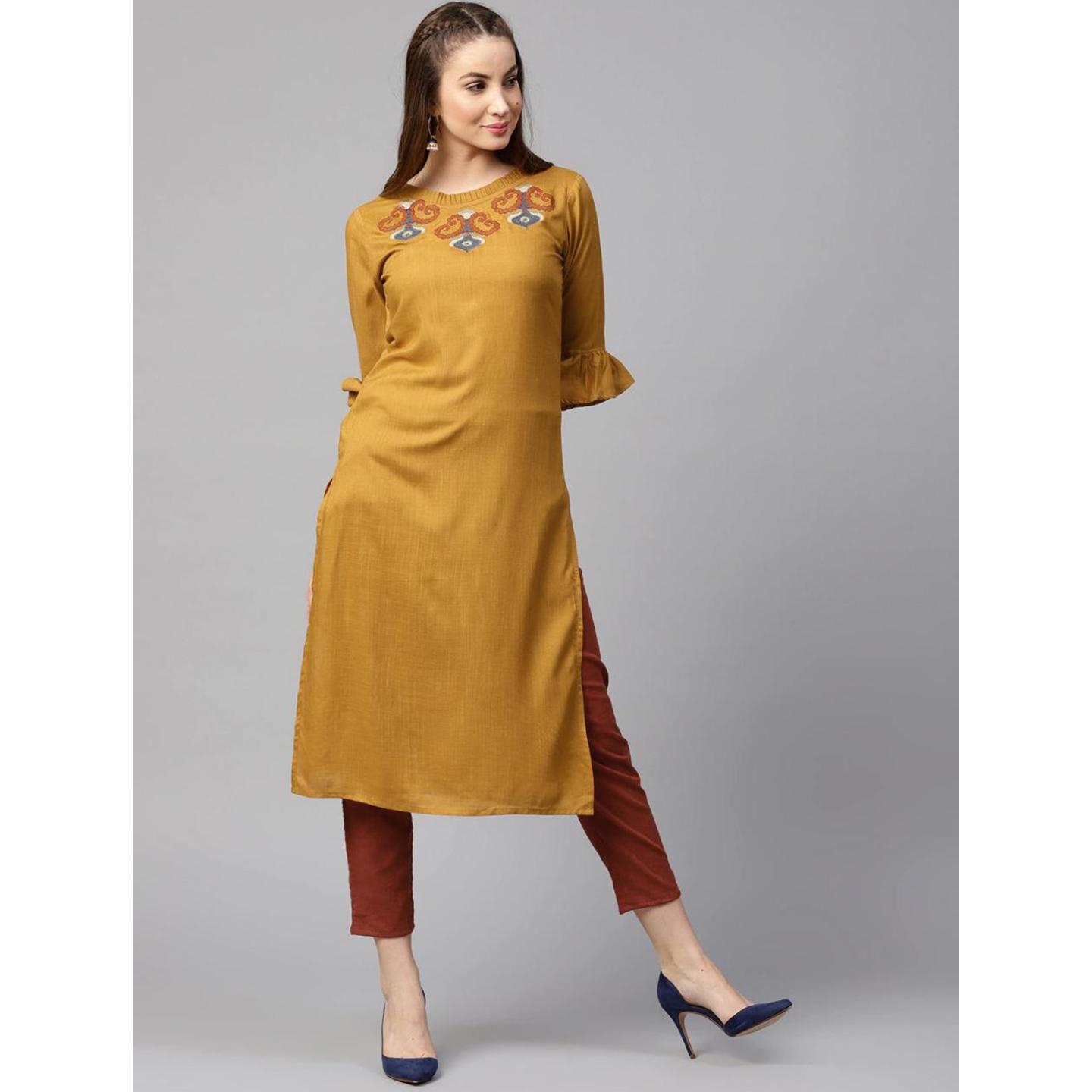 Jaipuri Mustard Yellow and Rust Red yoke design Kurta with Trousers