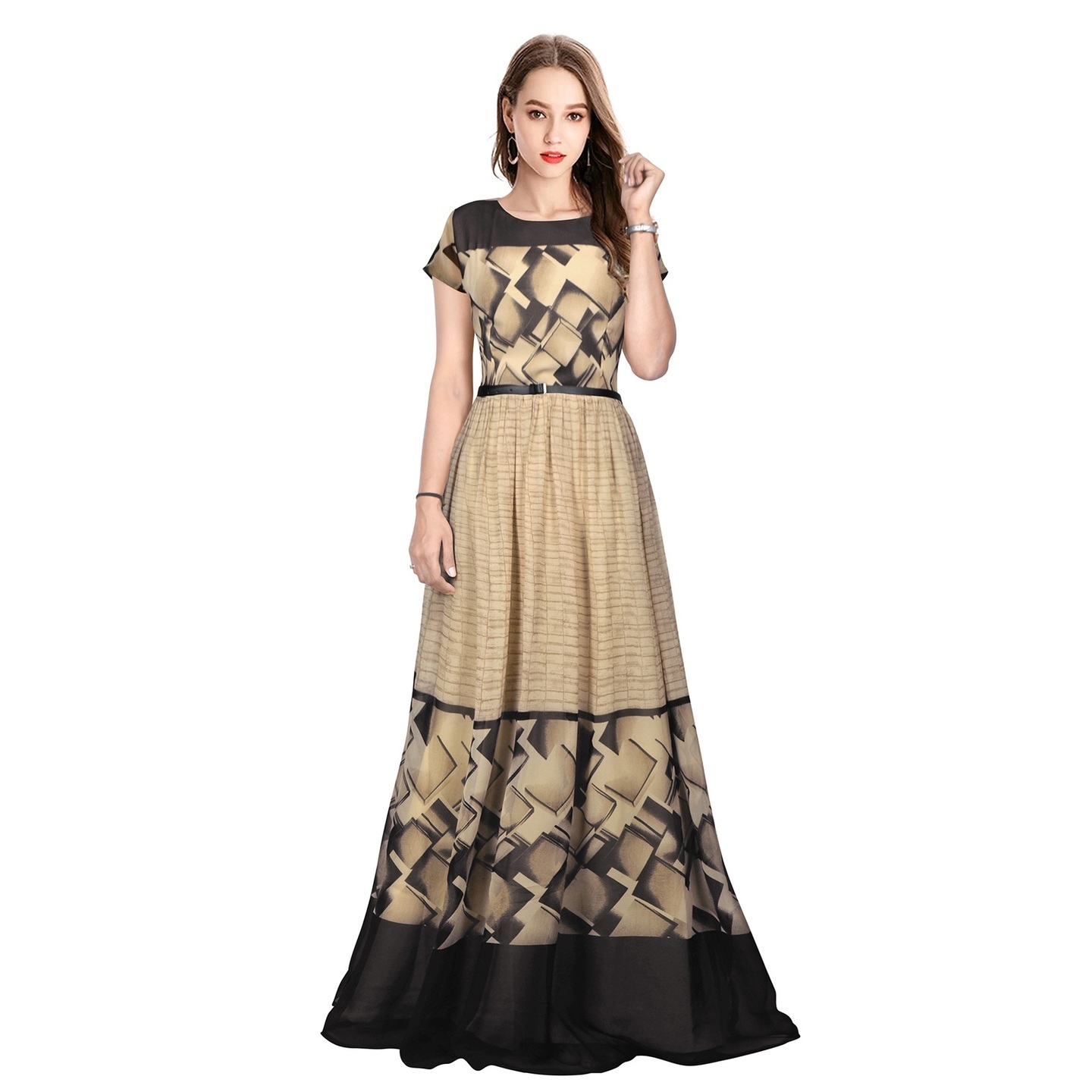 DELTIN STYLISH CHIKU GOWN WITH BELT