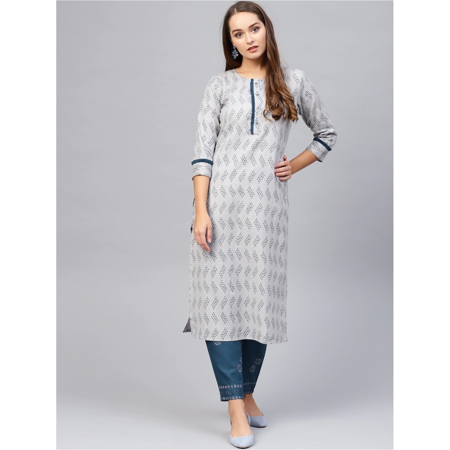 Jaipuri Grey and Navy printed Kurta with Trousers