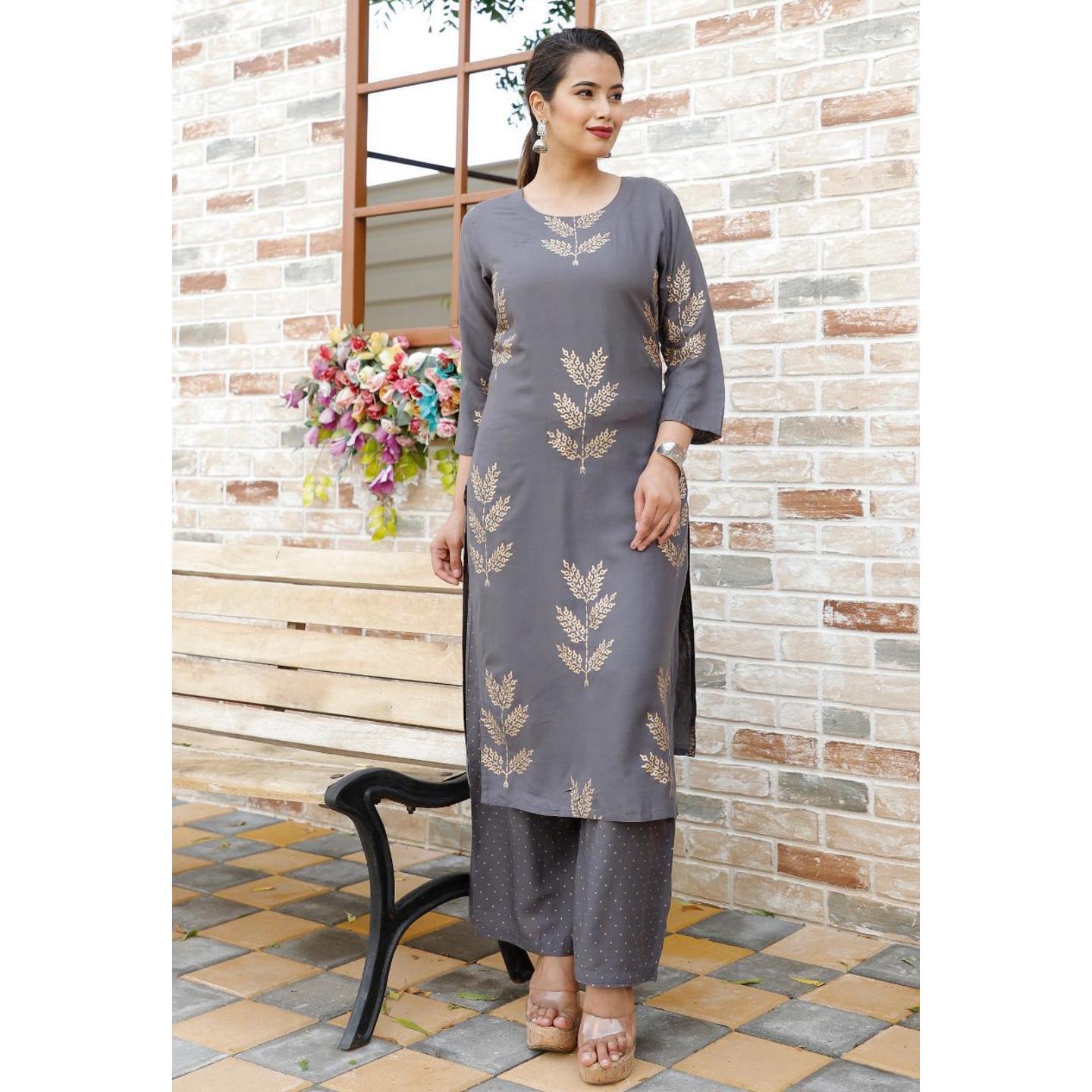 Jaipuri Grey leaf pattern printed Kurta with Dot pattern Grey Palazzo