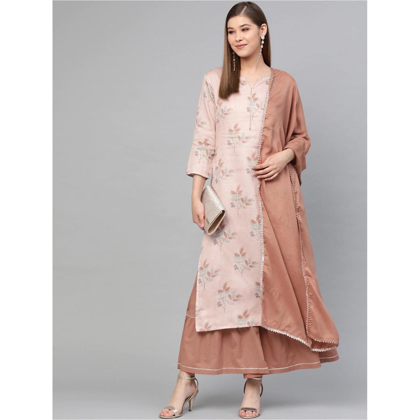 Jaipuri Dusty Pink and Green printed Kurta with Sharara and Dupatta