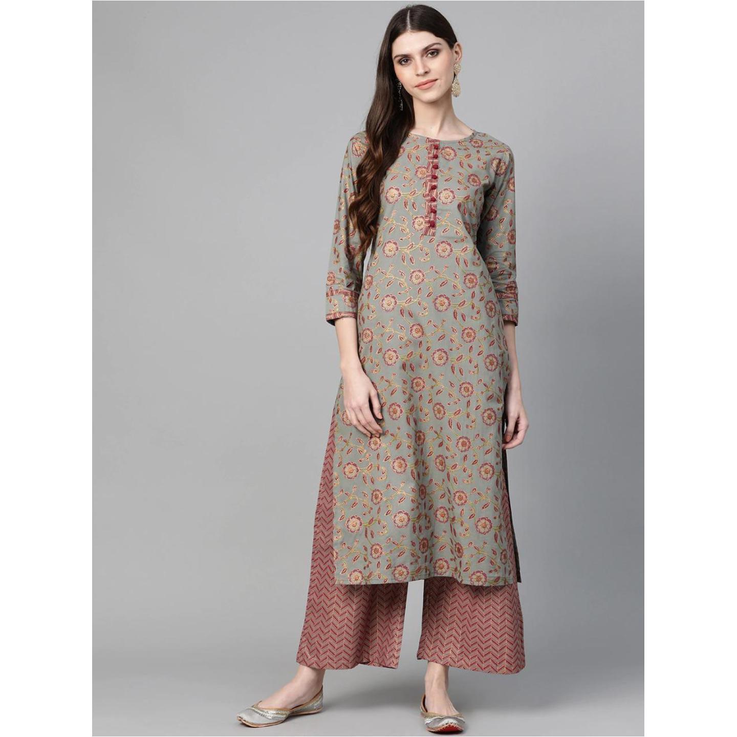 Women Grey, maroon and golden floral print kurta with palazzos