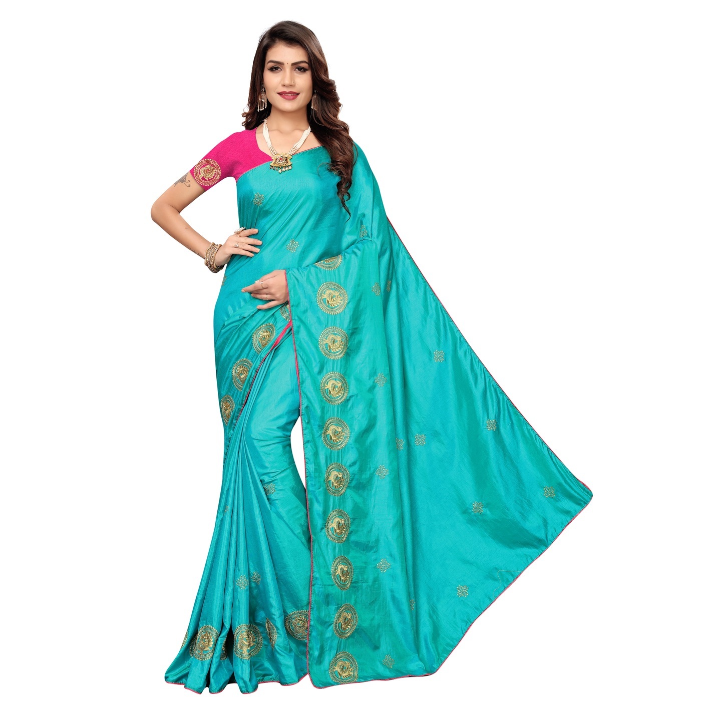 DESIGNER RAMA DUCK EMBROIDERED SAREE
