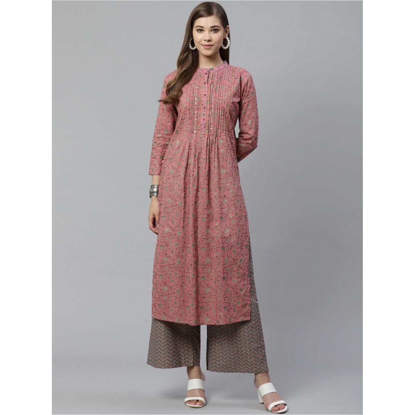 Jaipuri Pink and Teal Green floral print Kurta with Palazzos