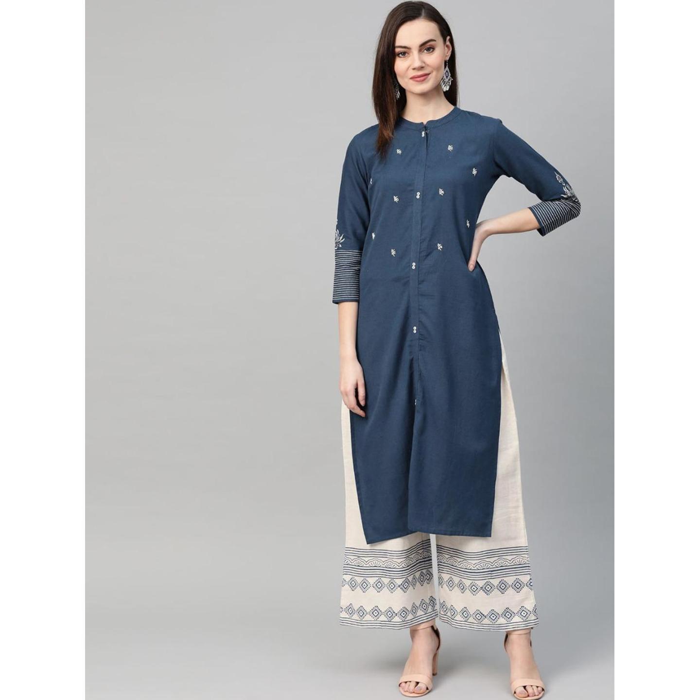 Navy Blue and off-white embroidered yoke design kurta with palazzos