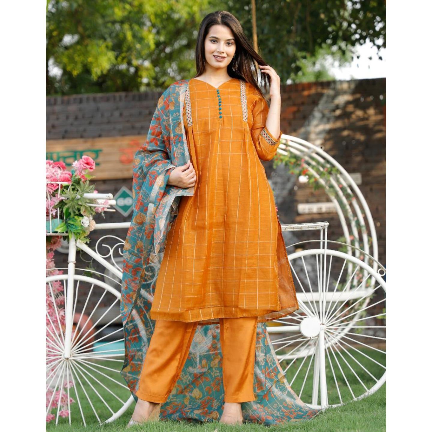 Jaipuri Orange embroidered Kurta with Pant and Dupatta