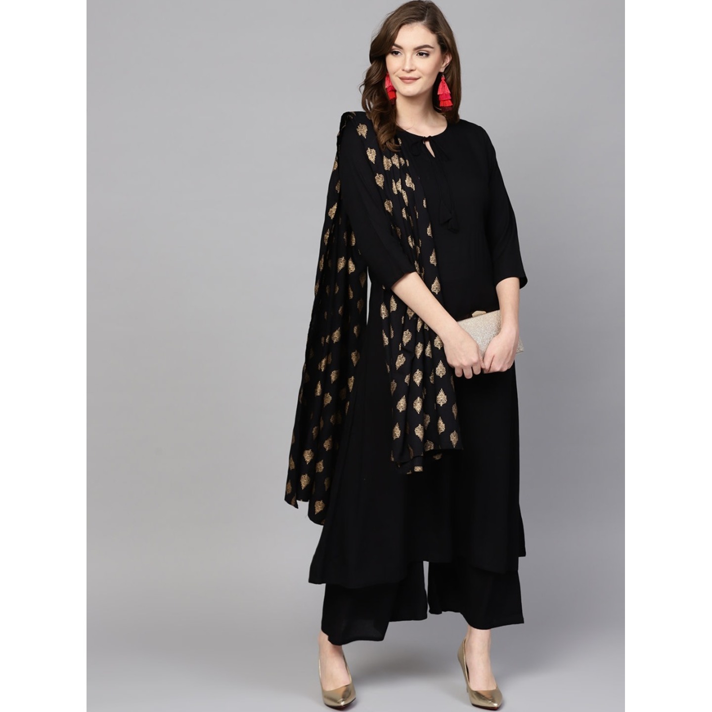 Jaipuri Black solid Kurta with Palazzos with Dupatta