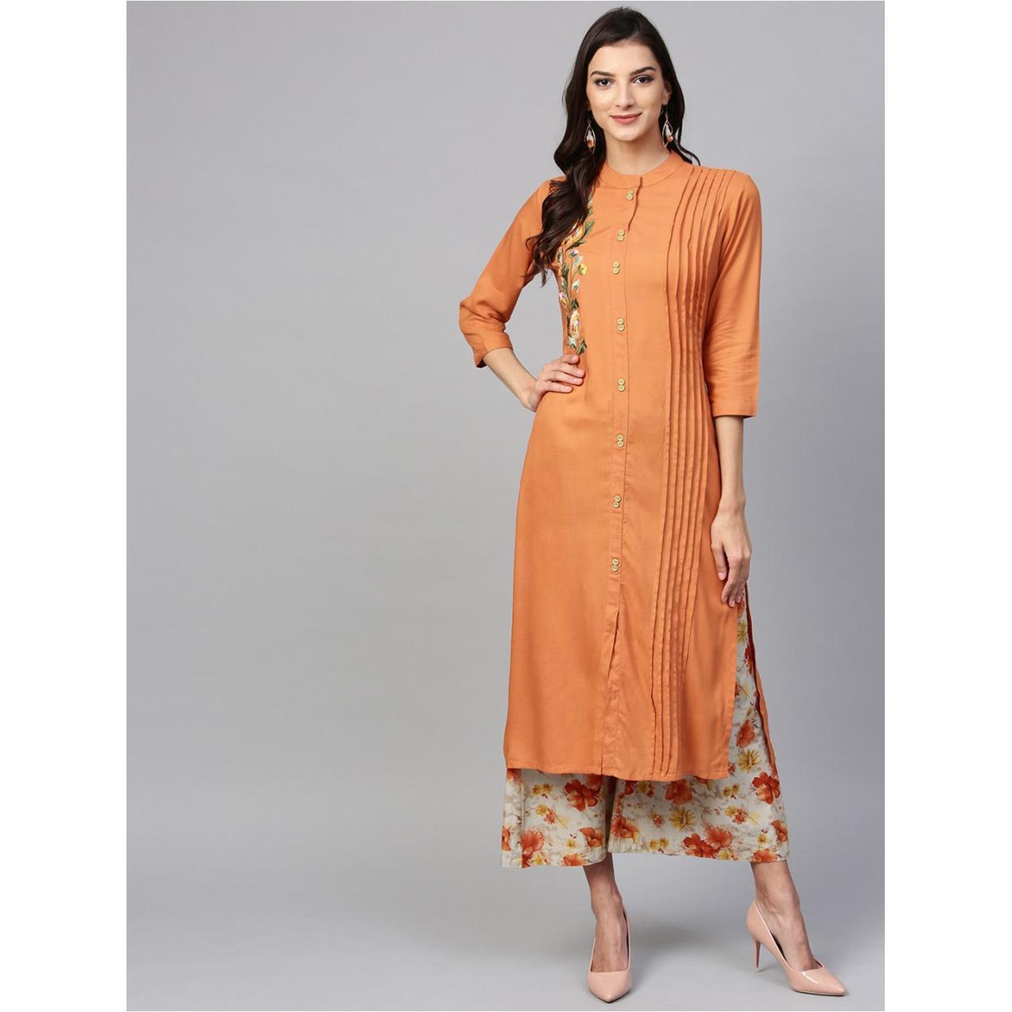 Jaipuri Orange and Beige solid kurta with Palazzos