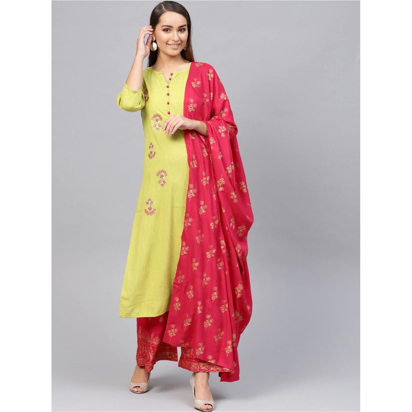Jaipuri Green and Pink Embroidered Kurta with Palazzo and Dupatta