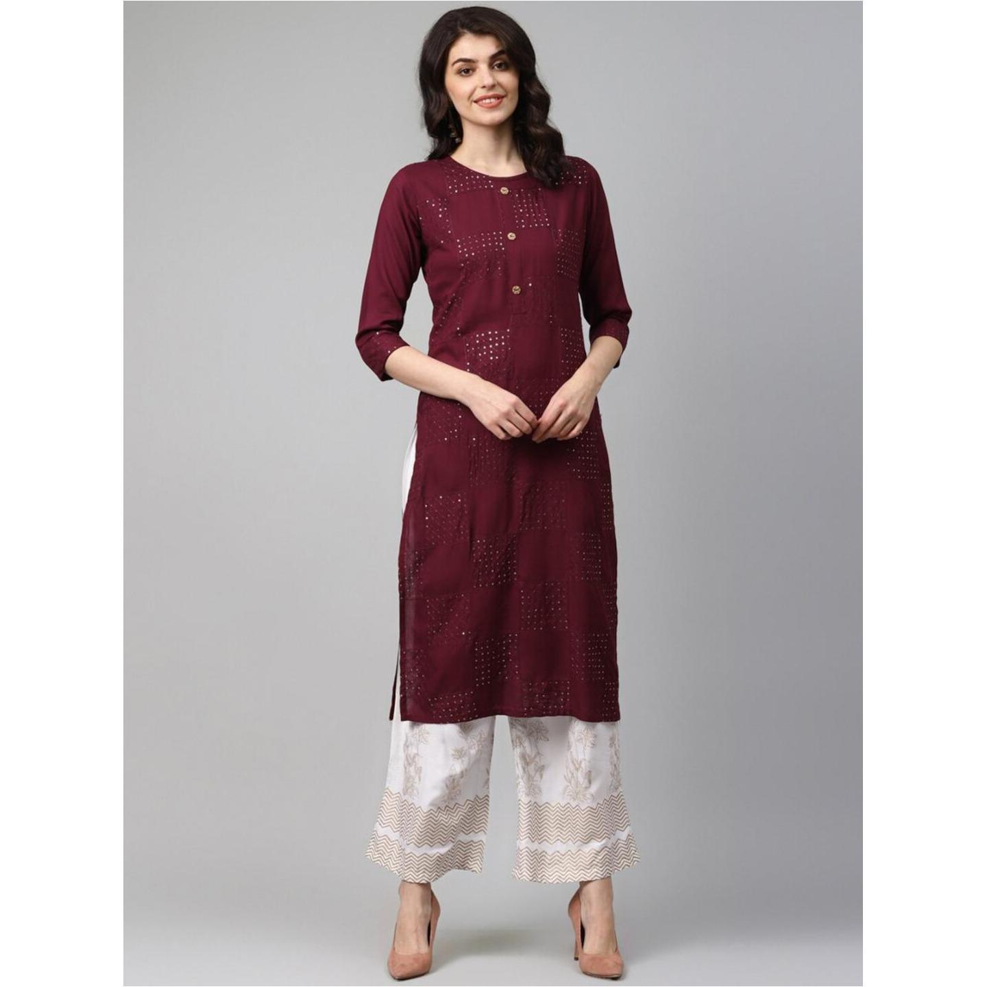 Jaipuri Maroon self design Kurta with Palazzos