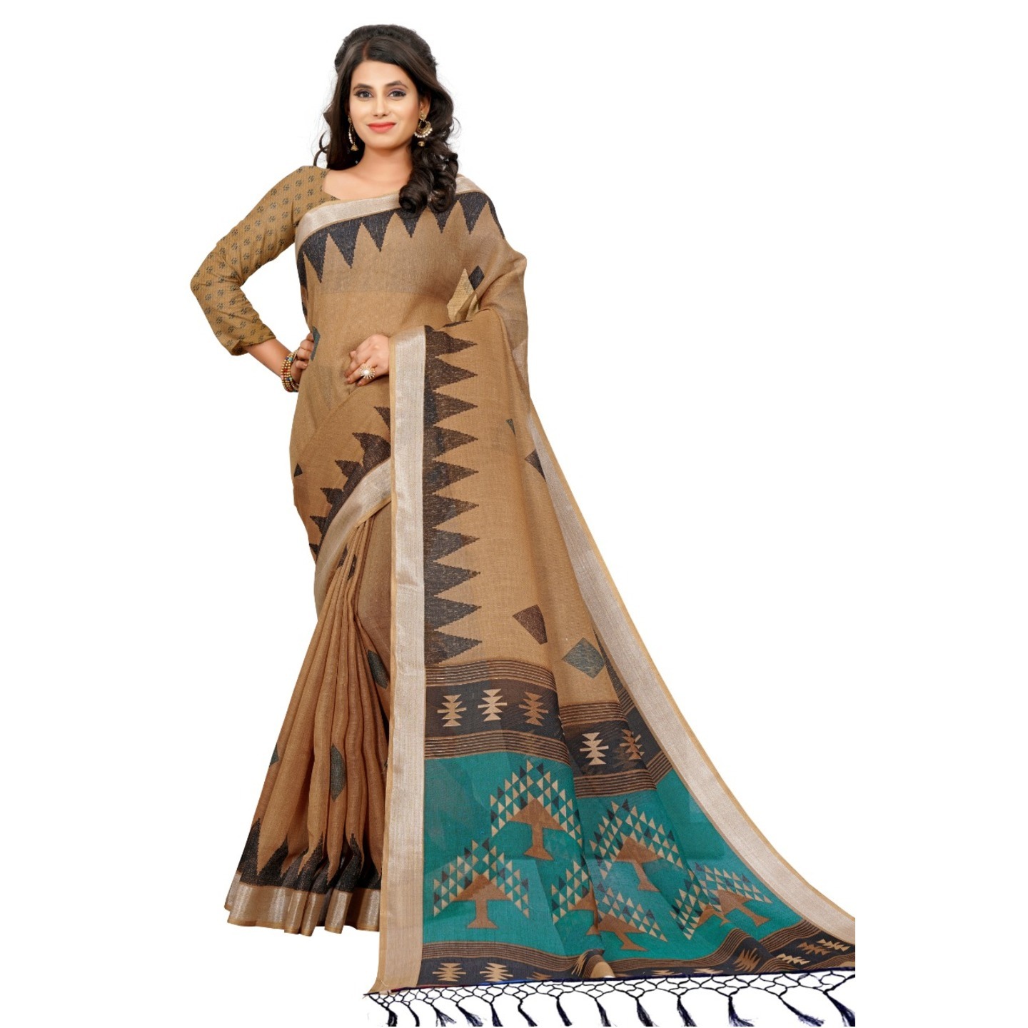 Beautiful Digital Printed Linen Saree with Running Blouse Piece